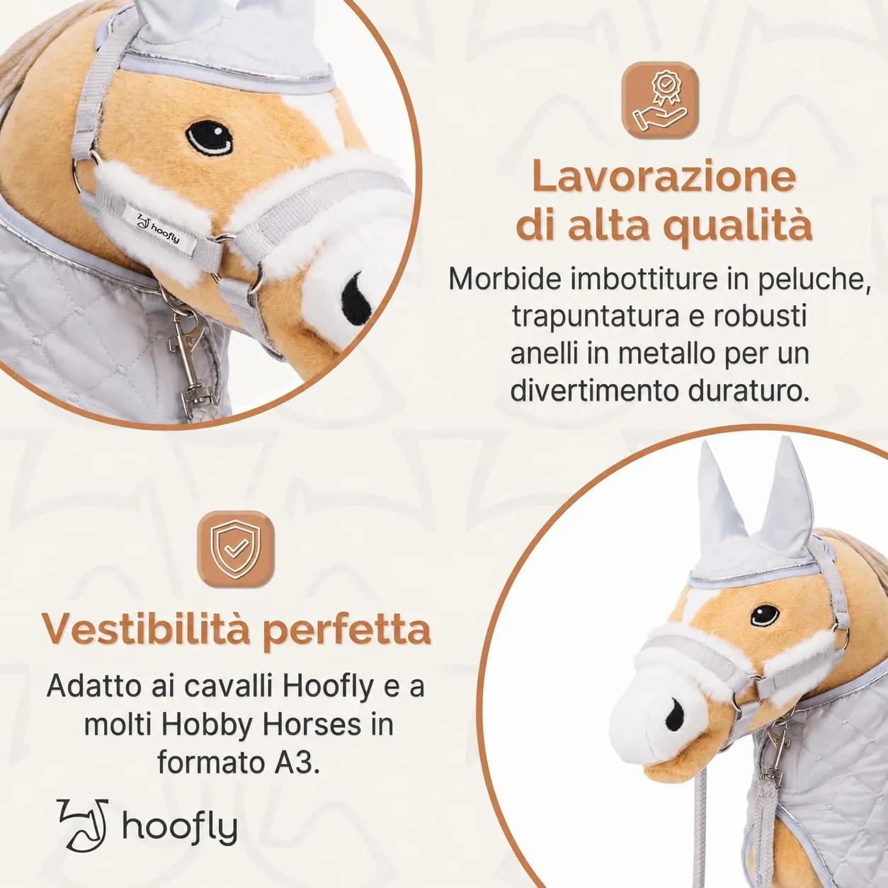 Set di accessori per cavalluccio Hobby Horse di Hoofly - Cavezza con maglieria, coperta e cappuccio anti-mosche in grigio per cavallucci da hobby [Approvato TÜV] - Ideale per gioco - immagine 4
