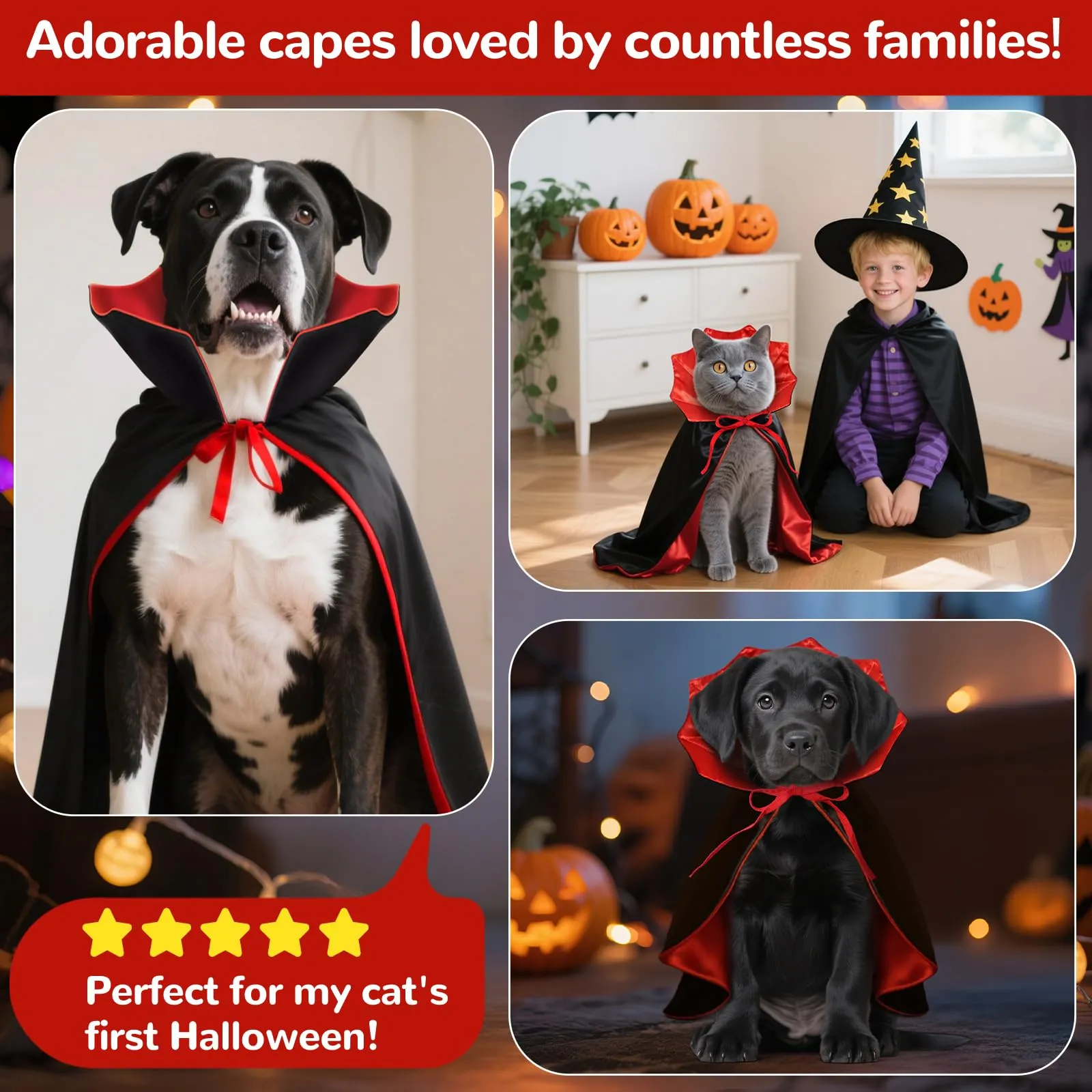 HSSPYY Mantello per cani, costumi di Halloween per cani di taglia grande, media e piccola, costume da vampiro per cuccioli, mantello per gatti, feste cosplay, rosso e nero - immagine 8