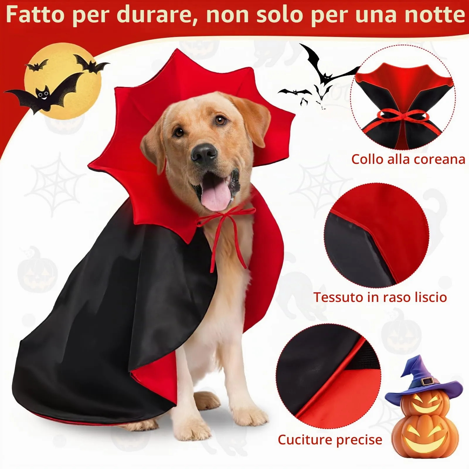 HSSPYY - Mantello di Halloween per Cani, Mantello da Vampiro Regolabile in Rosso/Nero per Cani di Taglia Grande, Doppia Fissazione (Collare + Cinturino per il Petto) - immagine 4
