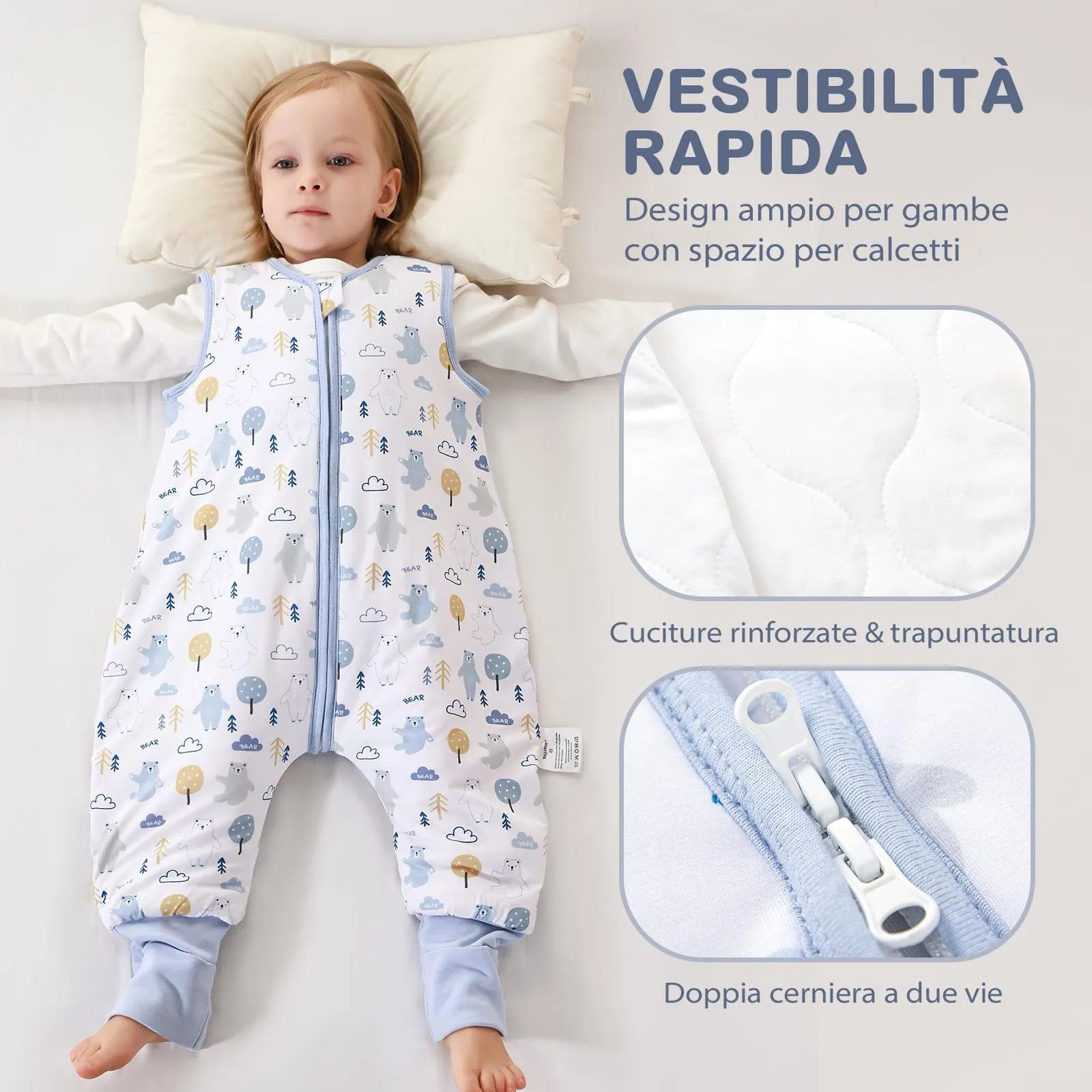 ToyaTec Sacco nanna con piedi, 2,5 Tog, super morbido, realizzato in rayon di bambù, per bambini, in fibra di bambù, per l'inverno, per l'autunno e l'inverno (orsi, 100cm (3-5 Jahre)) - immagine 8