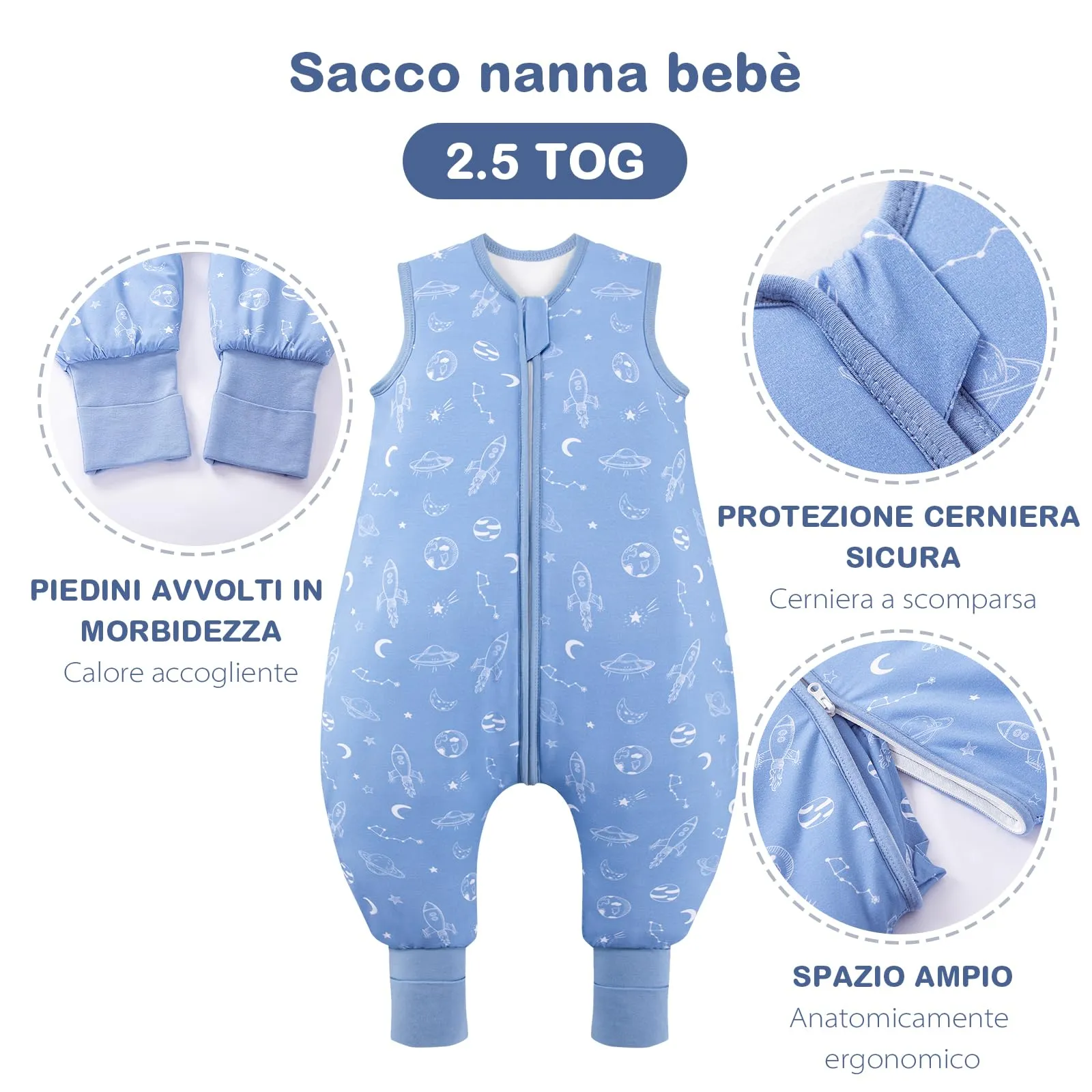 ToyaTec Sacco nanna con piedini, 2,5 Tog, super morbido, realizzato in rayon di bambù, per bambini, in fibra di bambù, per l'inverno, per l'autunno e l'inverno, Blu, 80cm (18-36 Mesi) - immagine 4