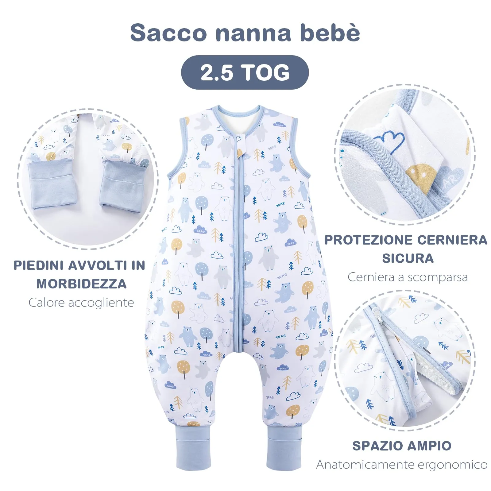 ToyaTec Sacco nanna con piedi, 2,5 Tog, super morbido, realizzato in rayon di bambù, per bambini, in fibra di bambù, per l'inverno, per l'autunno e l'inverno (orsi, 90cm (2-4 Jahre)) - immagine 4