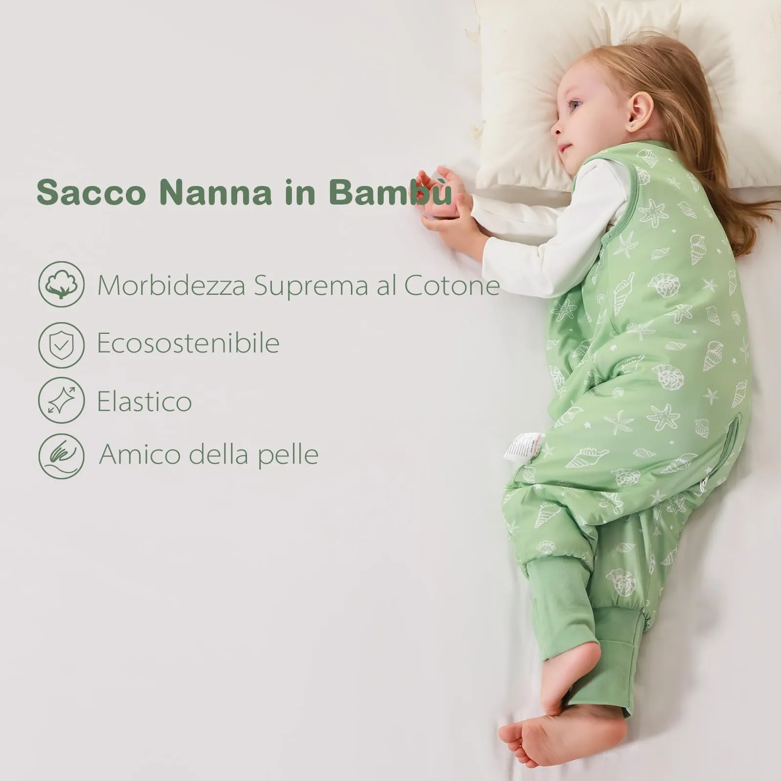 ToyaTec Sacco nanna con piedi, 2,5 Tog, super morbido, realizzato in rayon di bambù, per bambini, in fibra di bambù, per l'inverno, per l'autunno e l'inverno (verde, 70cm (6-18 Mesi)) - immagine 2