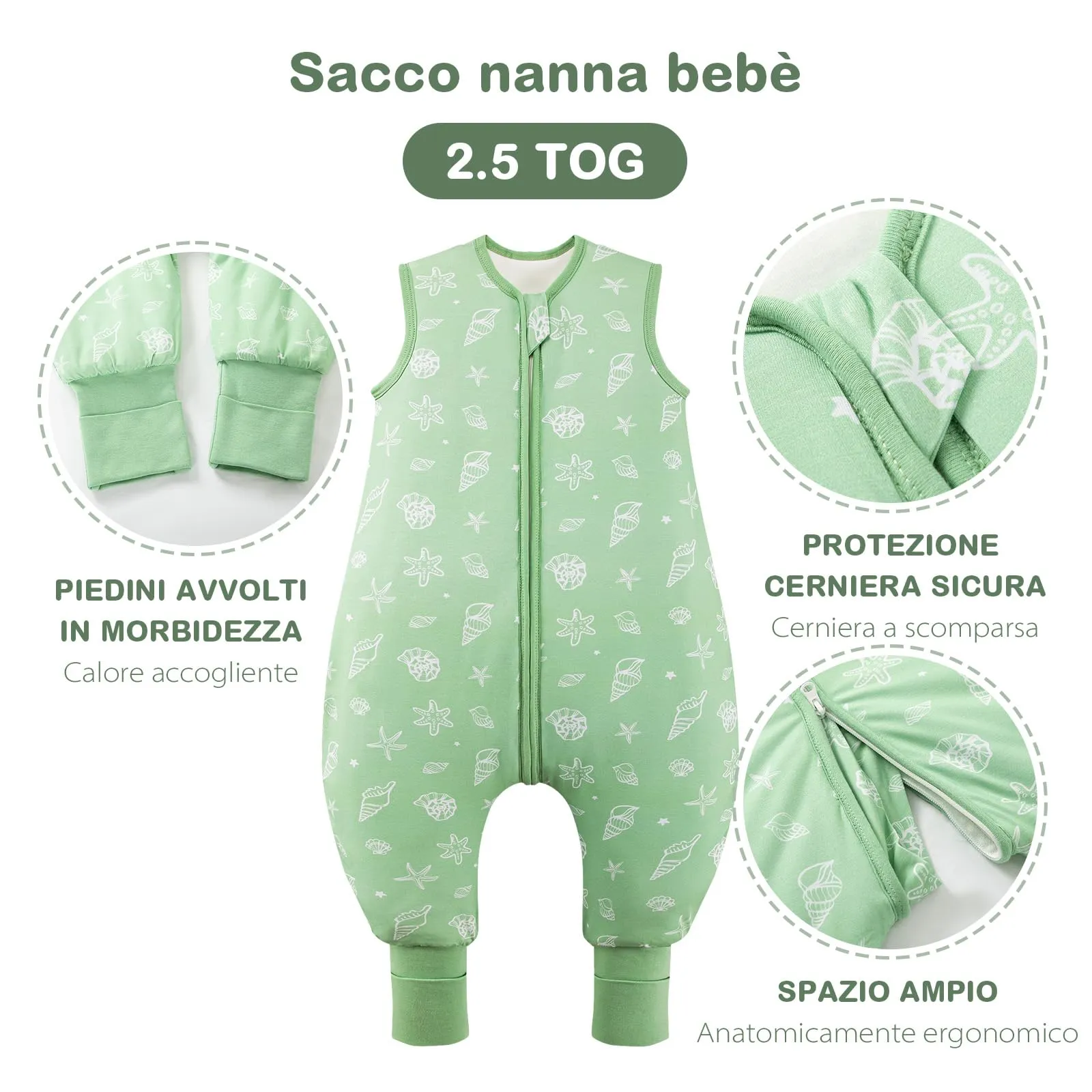 ToyaTec Sacco Nanna con Piedi, 2,5 Tog, Super Morbido, Realizzato in Rayon di bambù, per Bambini, in Fibra di bambù, per l'inverno, per l'autunno e l'inverno (Verde, 90cm (2-4 Jahre)) - immagine 4