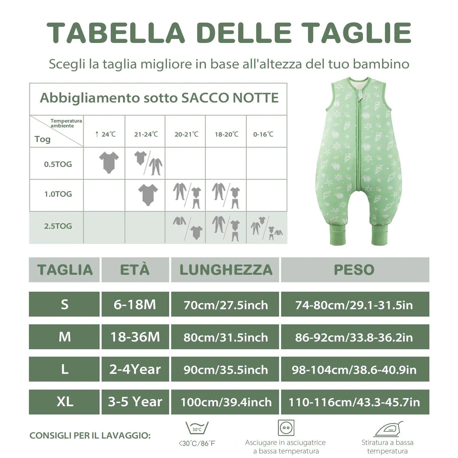 ToyaTec Sacco nanna con piedi, 2,5 Tog, super morbido, realizzato in rayon di bambù, per bambini, in fibra di bambù, per l'inverno, per l'autunno e l'inverno (verde,80cm (18-36 Mesi)) - immagine 6