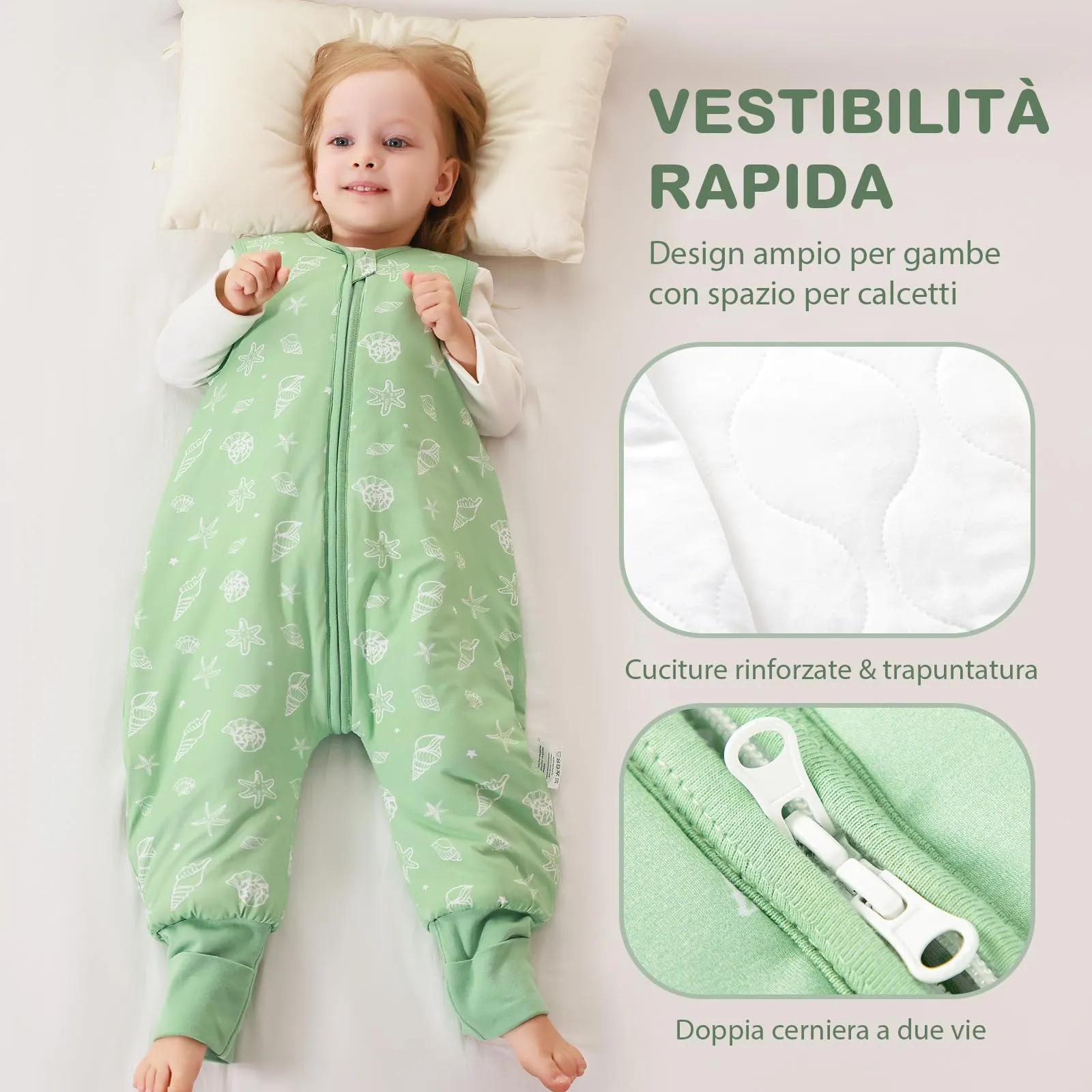 ToyaTec Sacco nanna con piedi, 2,5 Tog, super morbido, realizzato in rayon di bambù, per bambini, in fibra di bambù, per l'inverno, per l'autunno e l'inverno (verde,80cm (18-36 Mesi)) - immagine 7
