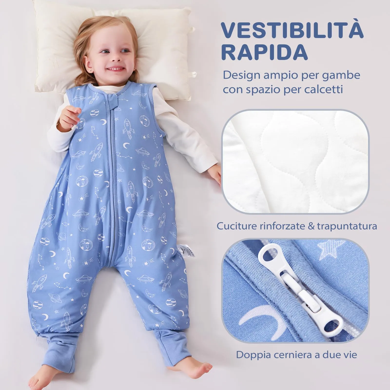 ToyaTec Sacco Nanna con Piedini, 2,5 Tog, Super Morbido, Realizzato in Rayon di bambù, per Bambini, in Fibra di bambù, per l'inverno, per l'autunno e l'inverno, Blu, 90cm (2-4 Jahre) - immagine 8