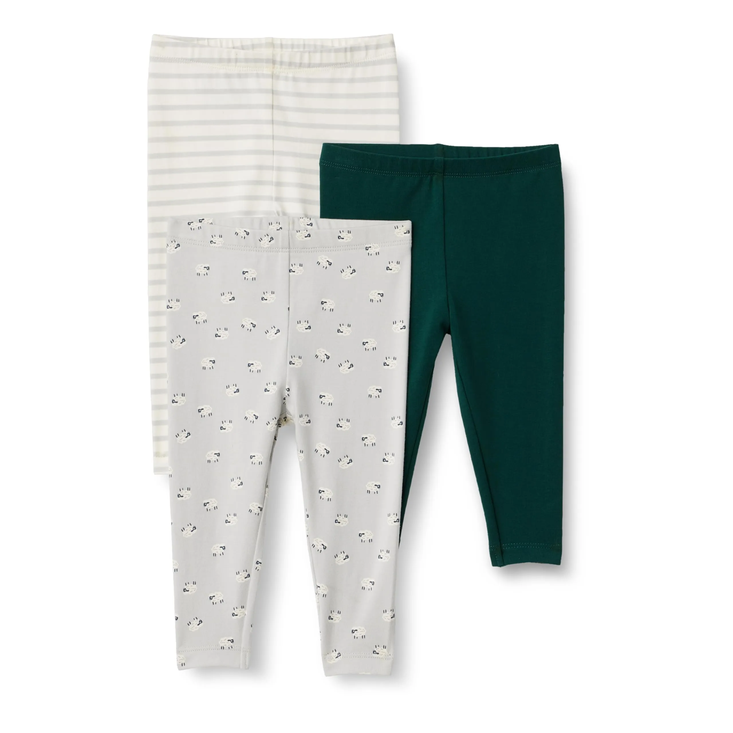 Amazon Essentials x Sofia Grainge Leggings alla Caviglia Traspiranti in Cotone Unisex - Bimbi 0-24, Confezione da 3, Pecore/Righe/Verde Scuro, 6-9 mesi - immagine 1