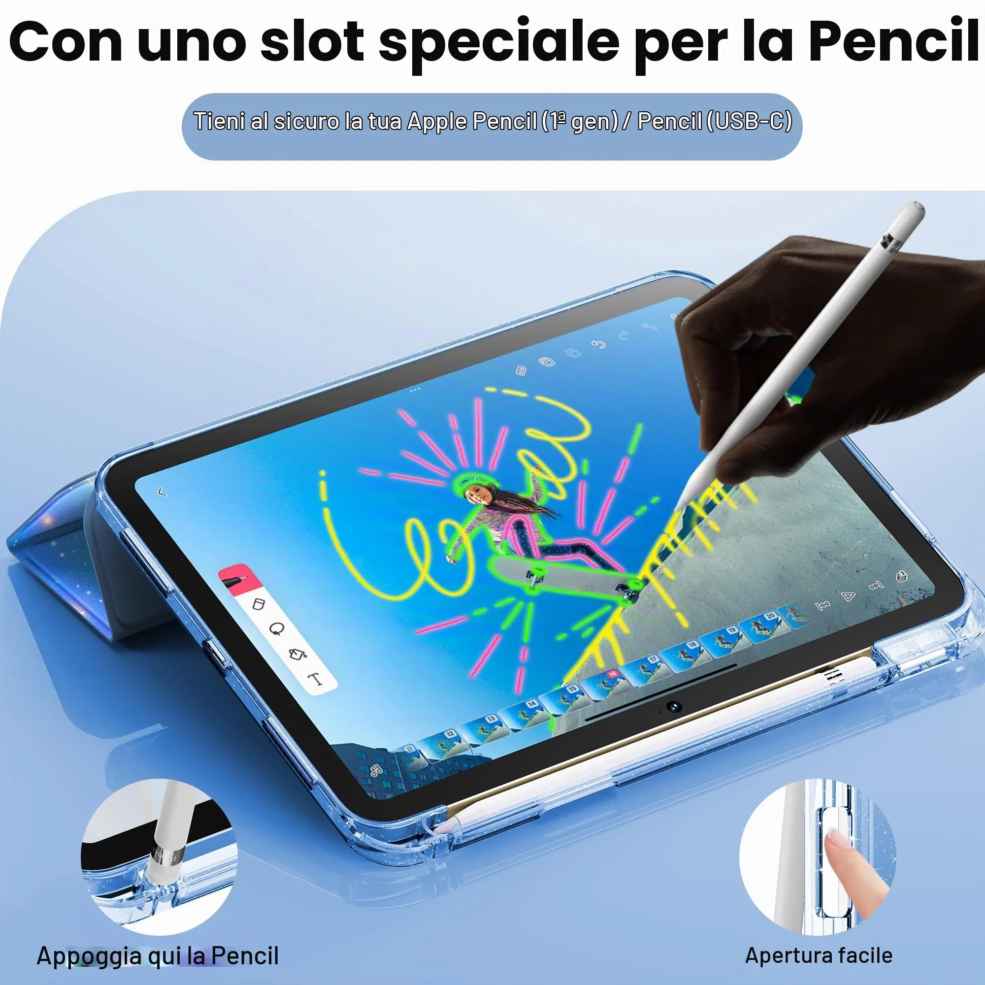 INFILAND Custodia per iPad 11 Generazione A16 11 Pollici 2025/iPad 10 Generazione 10,9 Pollici 2022,Glitterata con Retro Trasparente Brillante, Portapenne, per Bambini e Ragazze (Velo Galattico) - immagine 4