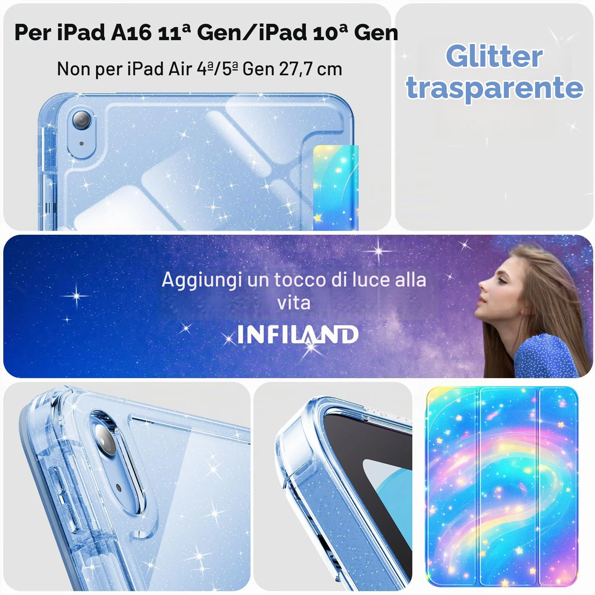 INFILAND Custodia per iPad 11 Generazione A16 11 Pollici 2025/iPad 10 Generazione 10,9 Pollici 2022,Glitterata con Retro Trasparente Brillante, Portapenne, per Bambini e Ragazze (Velo Galattico) - immagine 6