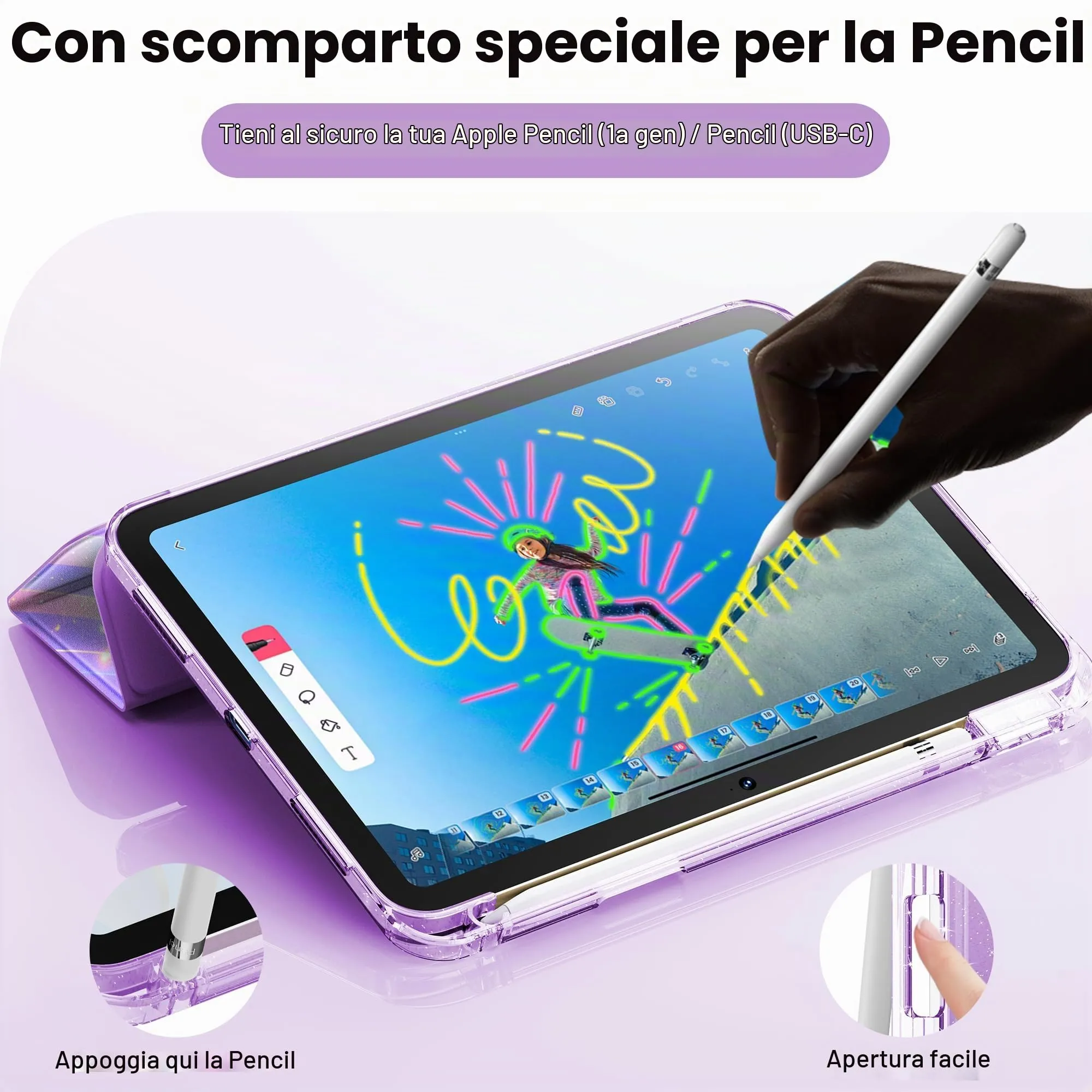 INFILAND Custodia per iPad 11 Generazione A16 11 Pollici 2025/iPad 10 Generazione 10,9 Pollici 2022,Glitterata con Retro Trasparente Brillante, Portapenne, per Bambini e Ragazze (Arco di Sogno Lilla) - immagine 4