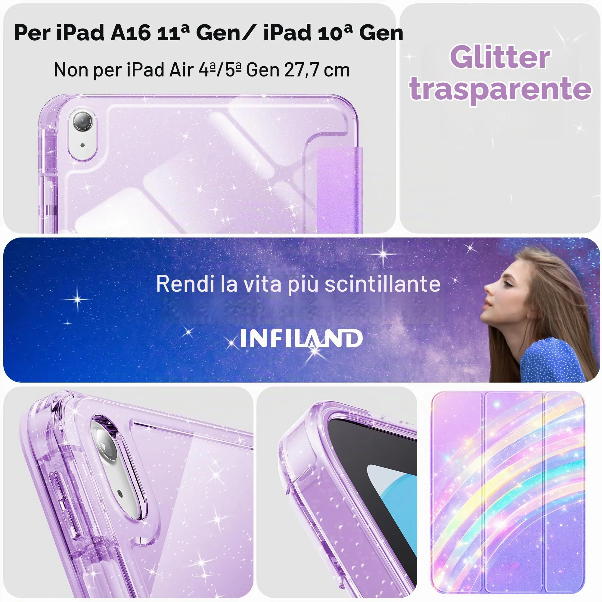 INFILAND Custodia per iPad 11 Generazione A16 11 Pollici 2025/iPad 10 Generazione 10,9 Pollici 2022,Glitterata con Retro Trasparente Brillante, Portapenne, per Bambini e Ragazze (Arco di Sogno Lilla) - immagine 6