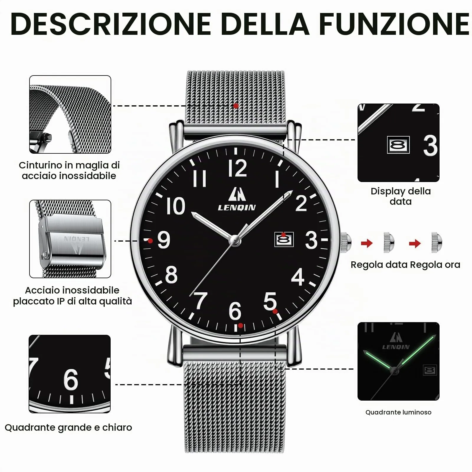 LN LENQIN Orologio Da Uomo In Acciaio Inossidabile Orologi Da Uomo Orologi Da Polso Al Quarzo Analogici 30m Impermeabile Orologio Casual Alla Moda Per - immagine 4