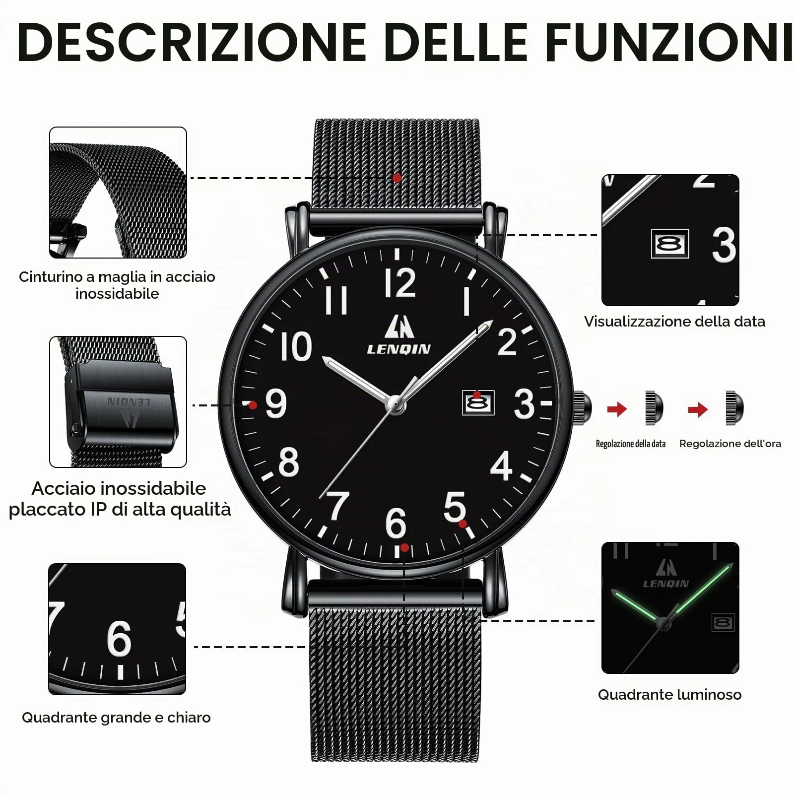 LN LENQIN Orologio Da Uomo In Acciaio Inossidabile Orologi Da Uomo Orologi Da Polso Al Quarzo Analogici 30m Impermeabile Orologio Casual Alla Moda Per - immagine 4