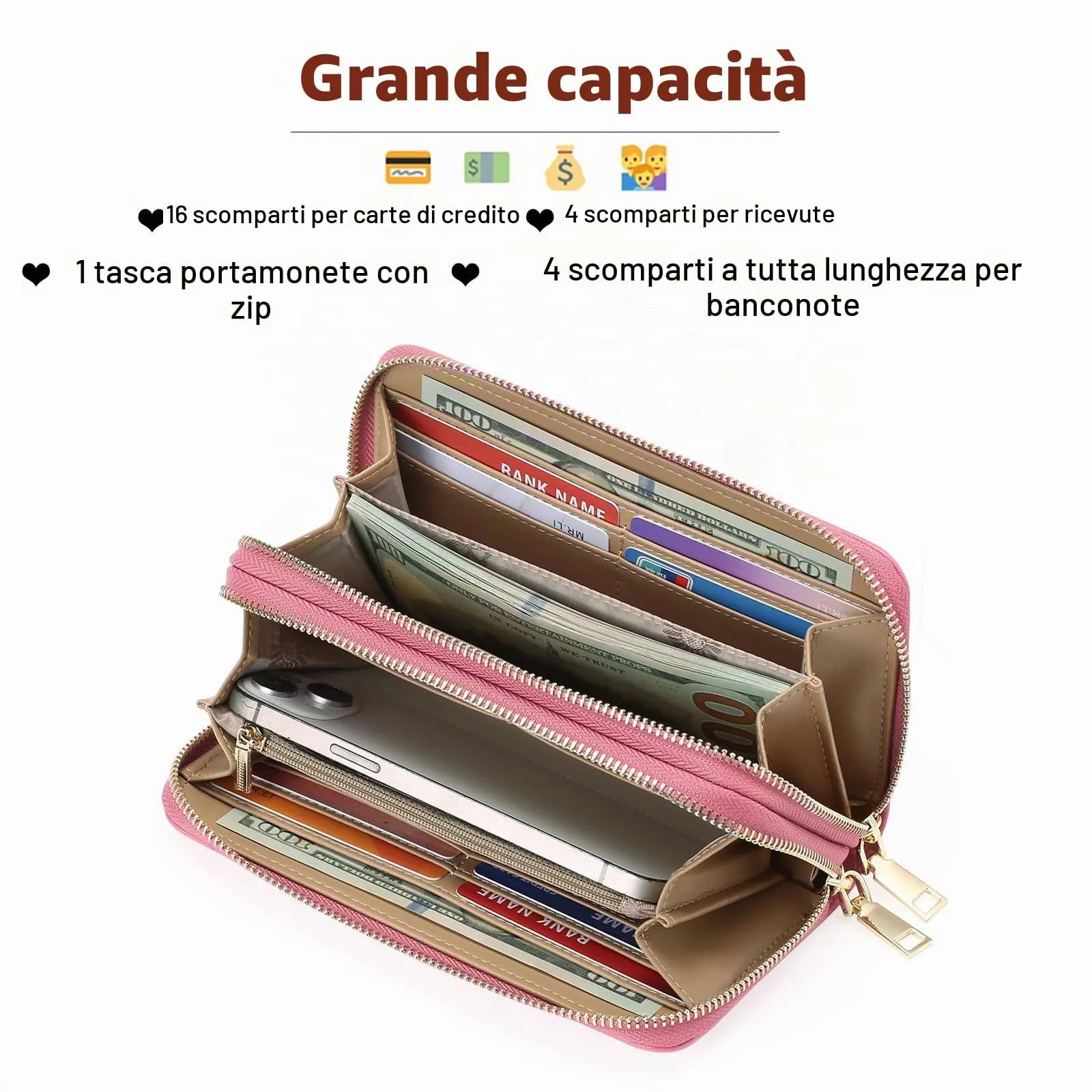 GOIACII Portafoglio Donna Grande Capacità Doppia Cerniera Porta Carta di Credito Portafogli da Donna in Pelle con Blocco RFID Telefono Wristlet - immagine 3