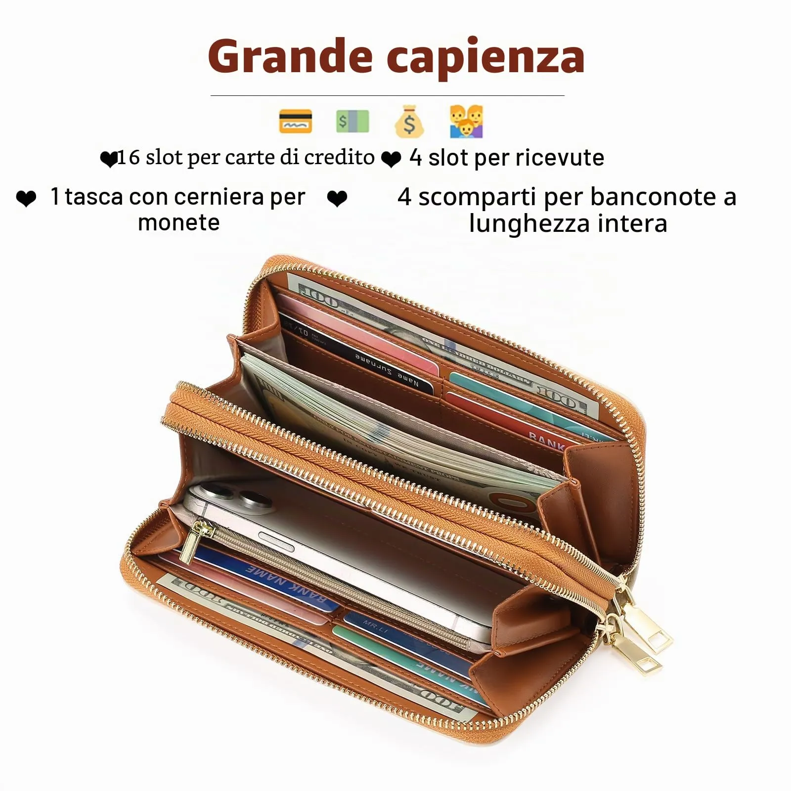 GOIACII Portafoglio Donna Grande Capacità Doppia Cerniera Porta Carta di Credito Portafogli da Donna in Pelle con Blocco RFID Telefono Wristlet - immagine 3