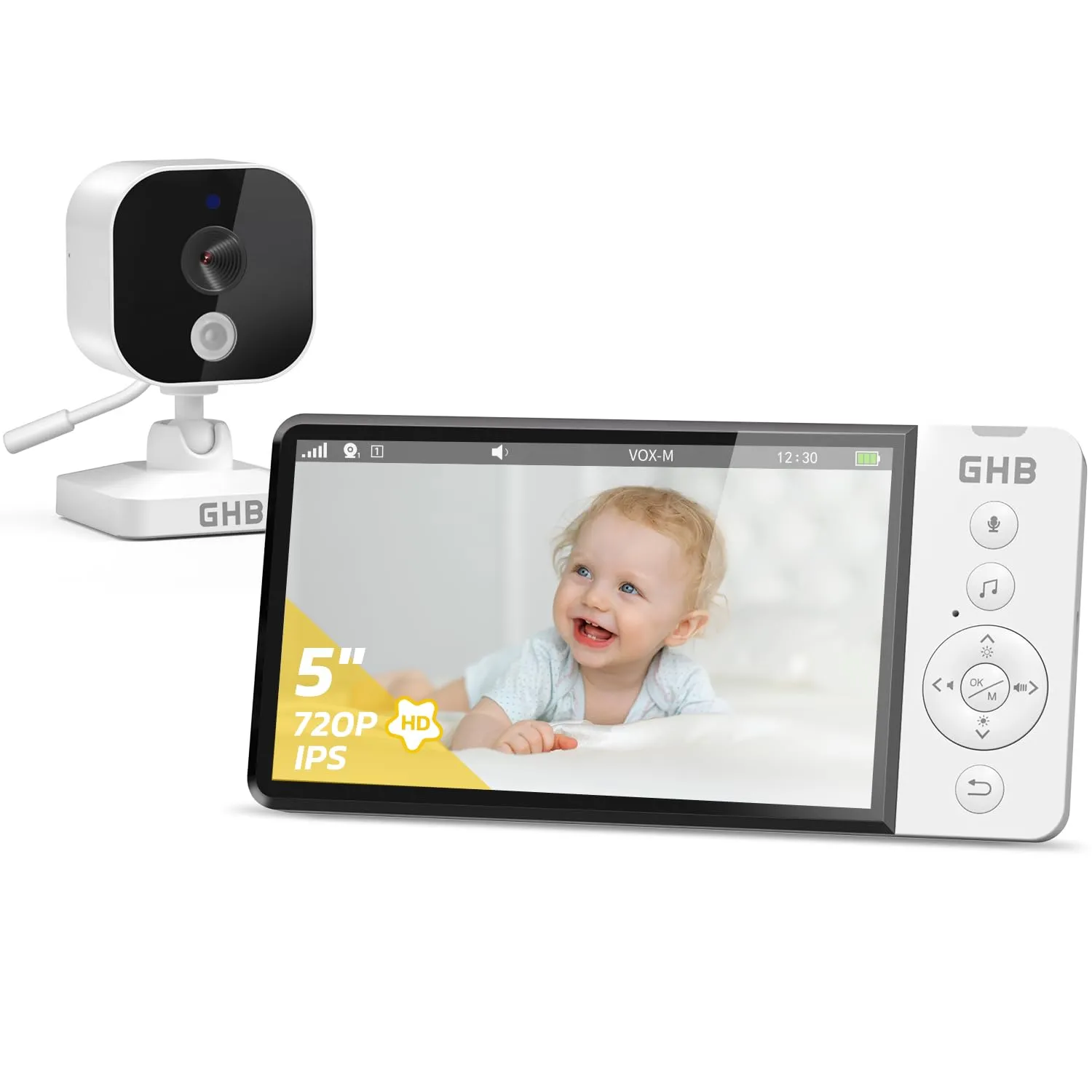GHB Baby Monitor Video e Audio 5" 720P Schermo IPS, Visione Notturna - immagine 1
