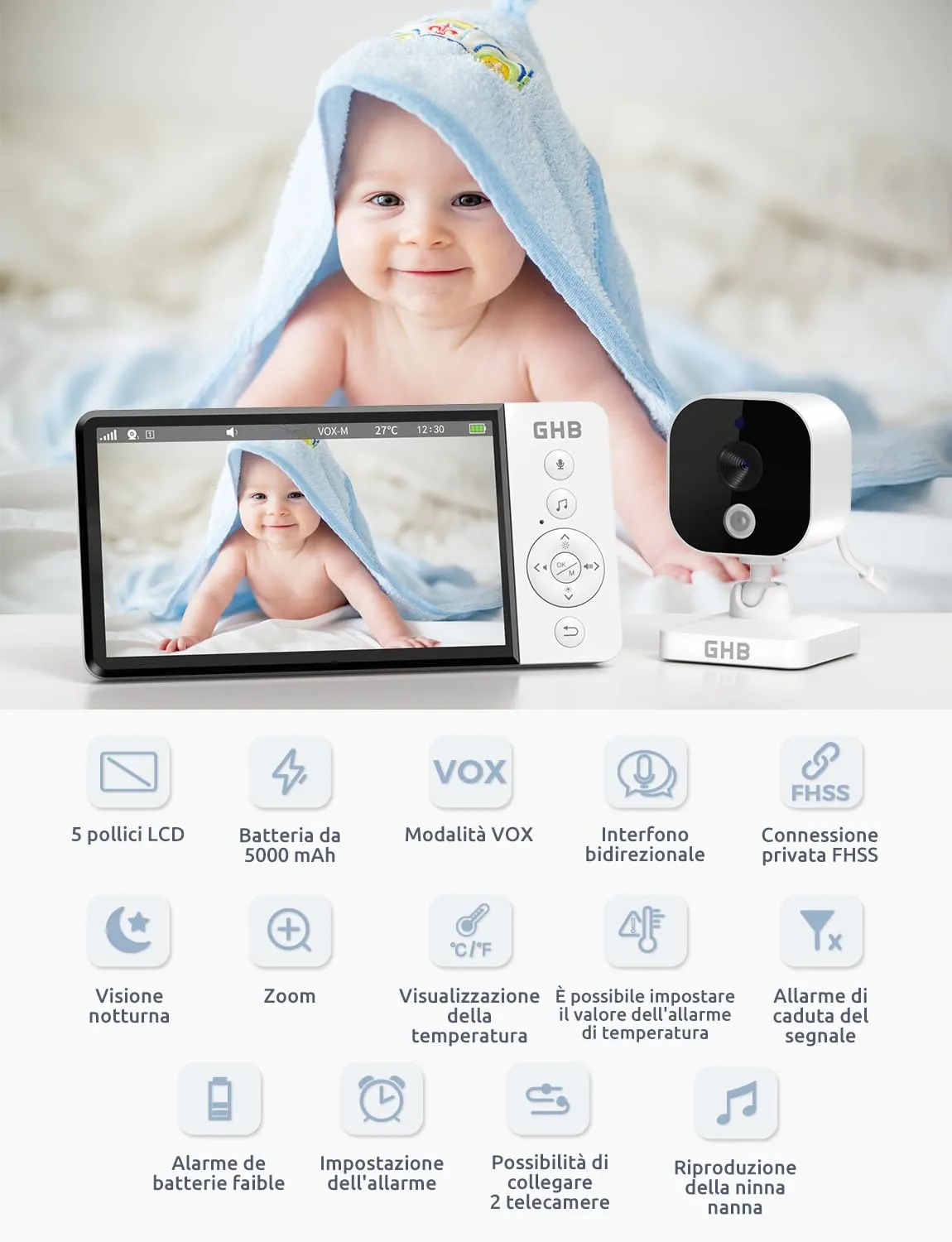 GHB Baby Monitor Video e Audio 5" 720P Schermo IPS, Visione Notturna - immagine 2