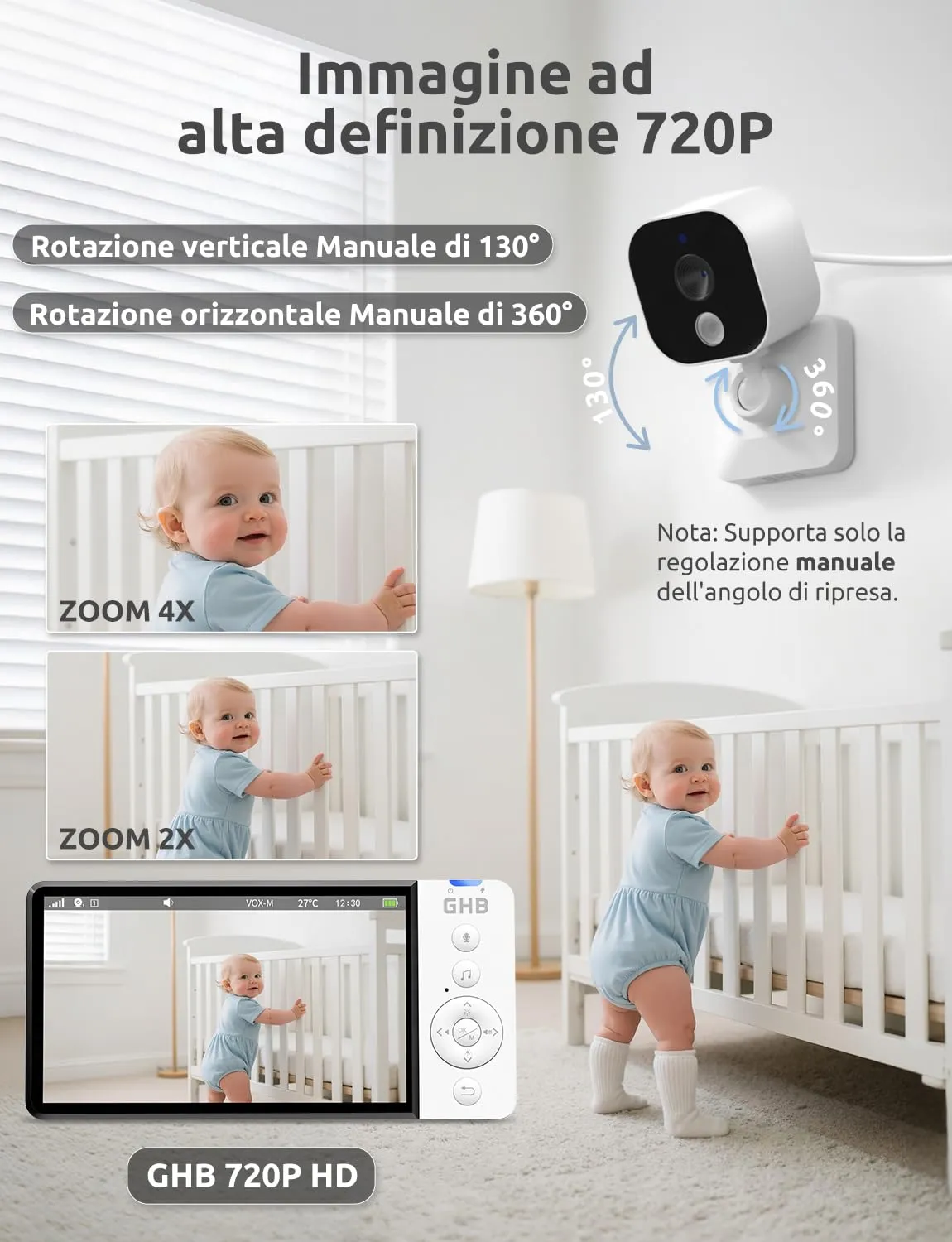 GHB Baby Monitor Video e Audio 5" 720P Schermo IPS, Visione Notturna - immagine 3