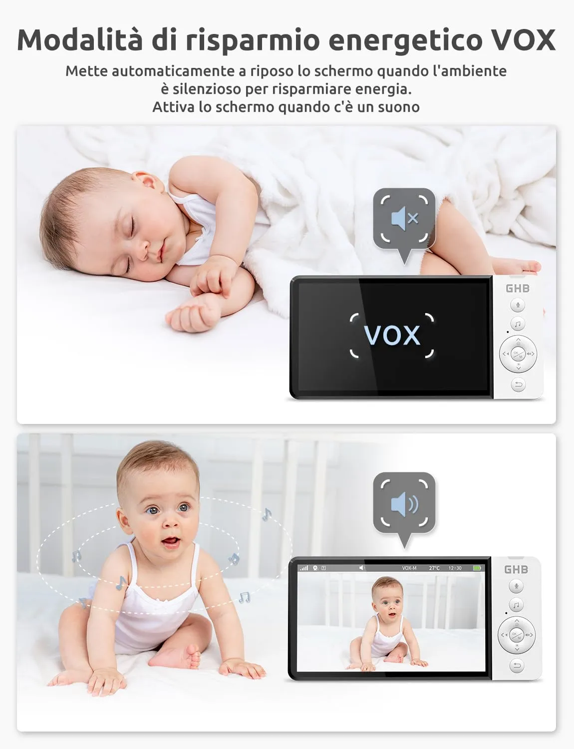 GHB Baby Monitor Video e Audio 5" 720P Schermo IPS, Visione Notturna - immagine 4