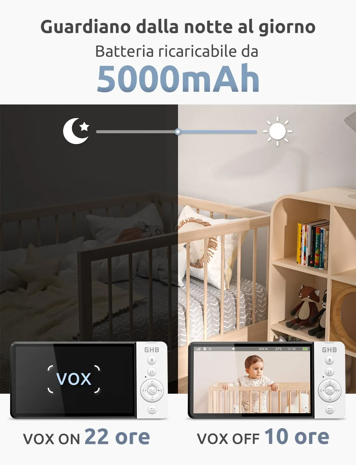 GHB Baby Monitor Video e Audio 5" 720P Schermo IPS, Visione Notturna - immagine 5