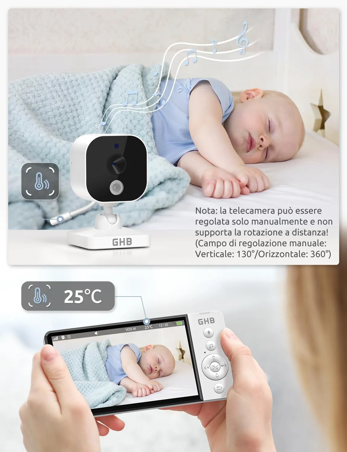 GHB Baby Monitor Video e Audio 5" 720P Schermo IPS, Visione Notturna - immagine 8