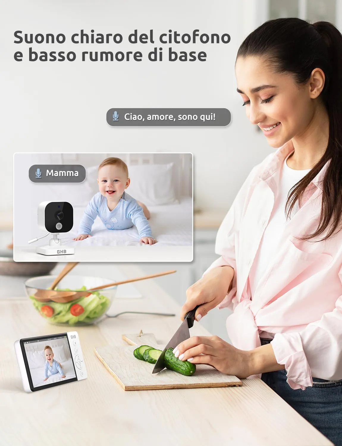 GHB Baby Monitor Video e Audio 5" 720P Schermo IPS, Visione Notturna - immagine 9
