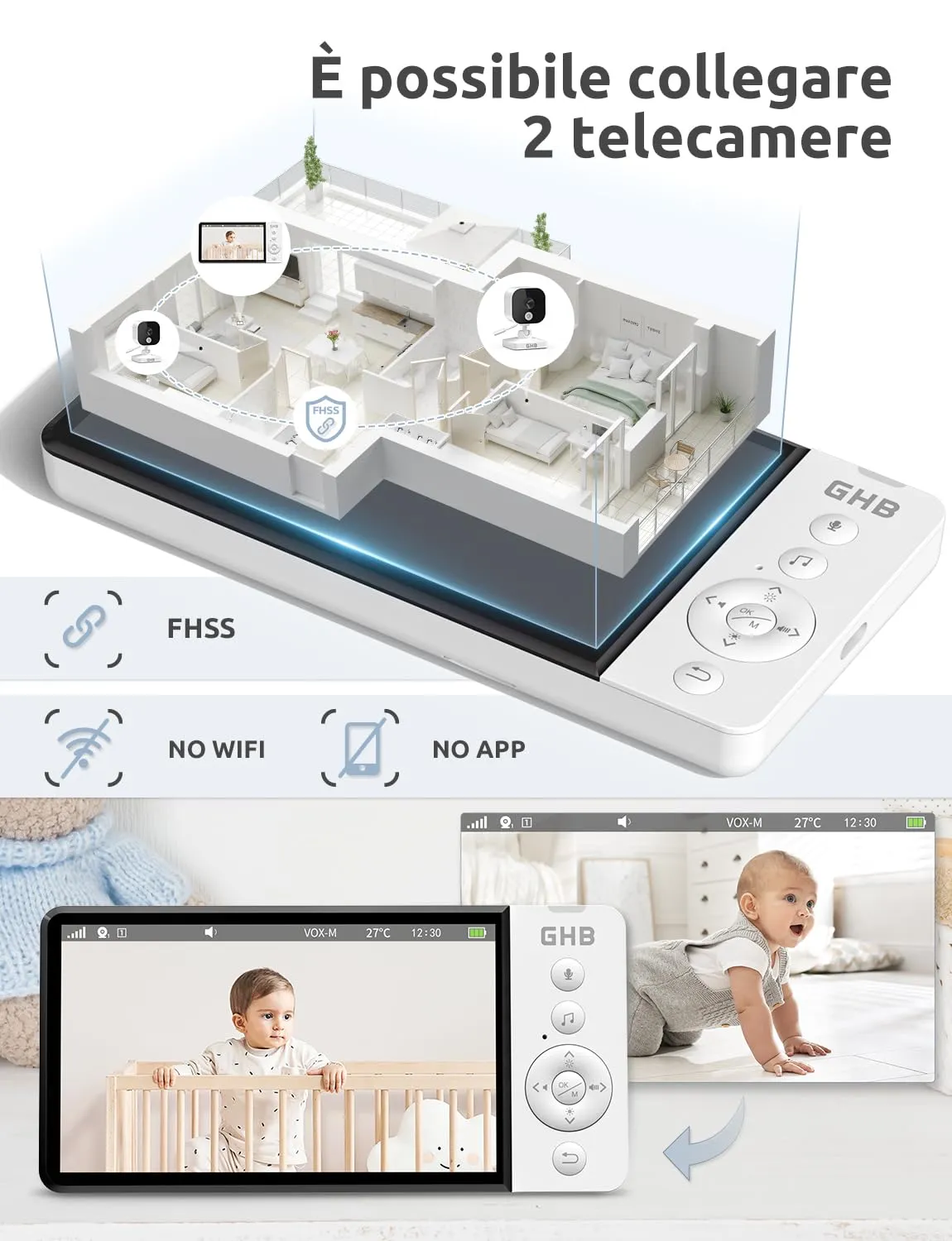 GHB Baby Monitor Video e Audio 5" 720P Schermo IPS, Visione Notturna - immagine 10