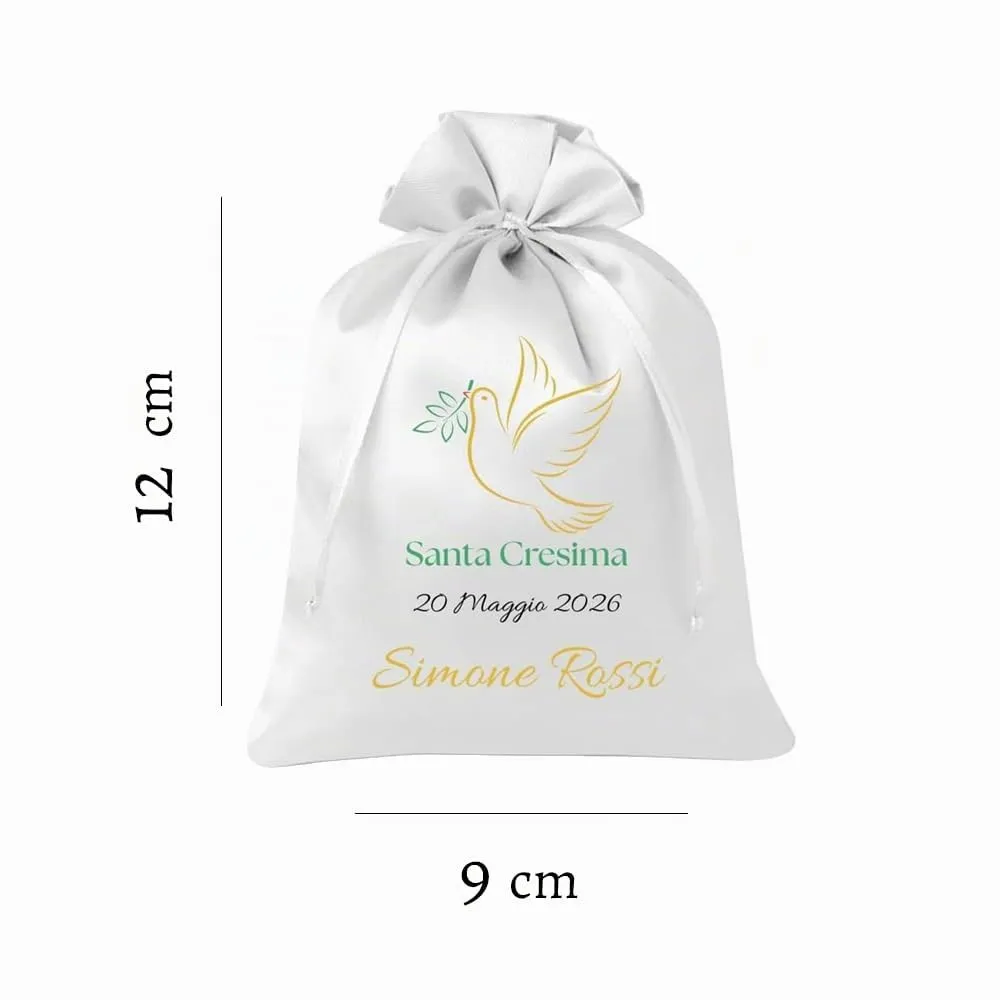 Cormar Sacchetti Bomboniere Cresima Personalizzati – Set 12 Pezzi, 9x12 cm, Colore Bianco con Ricamo Elegante (COLOMBA STILIZZATA) - immagine 2