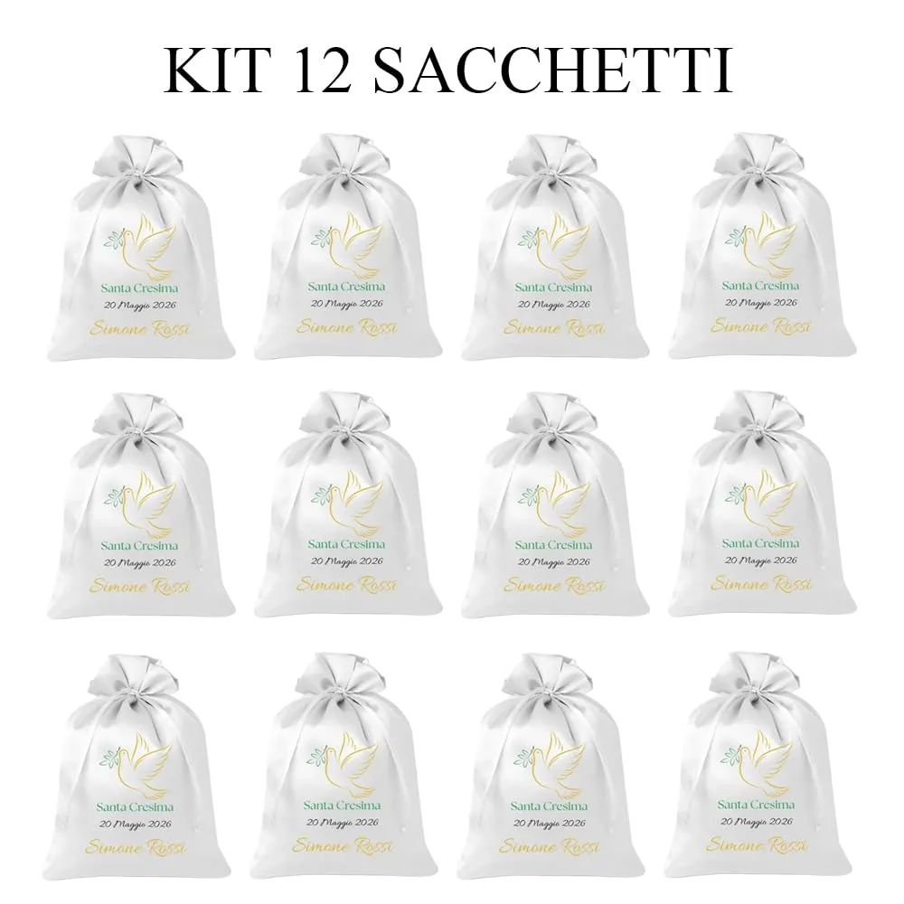 Cormar Sacchetti Bomboniere Cresima Personalizzati – Set 12 Pezzi, 9x12 cm, Colore Bianco con Ricamo Elegante (COLOMBA STILIZZATA) - immagine 3