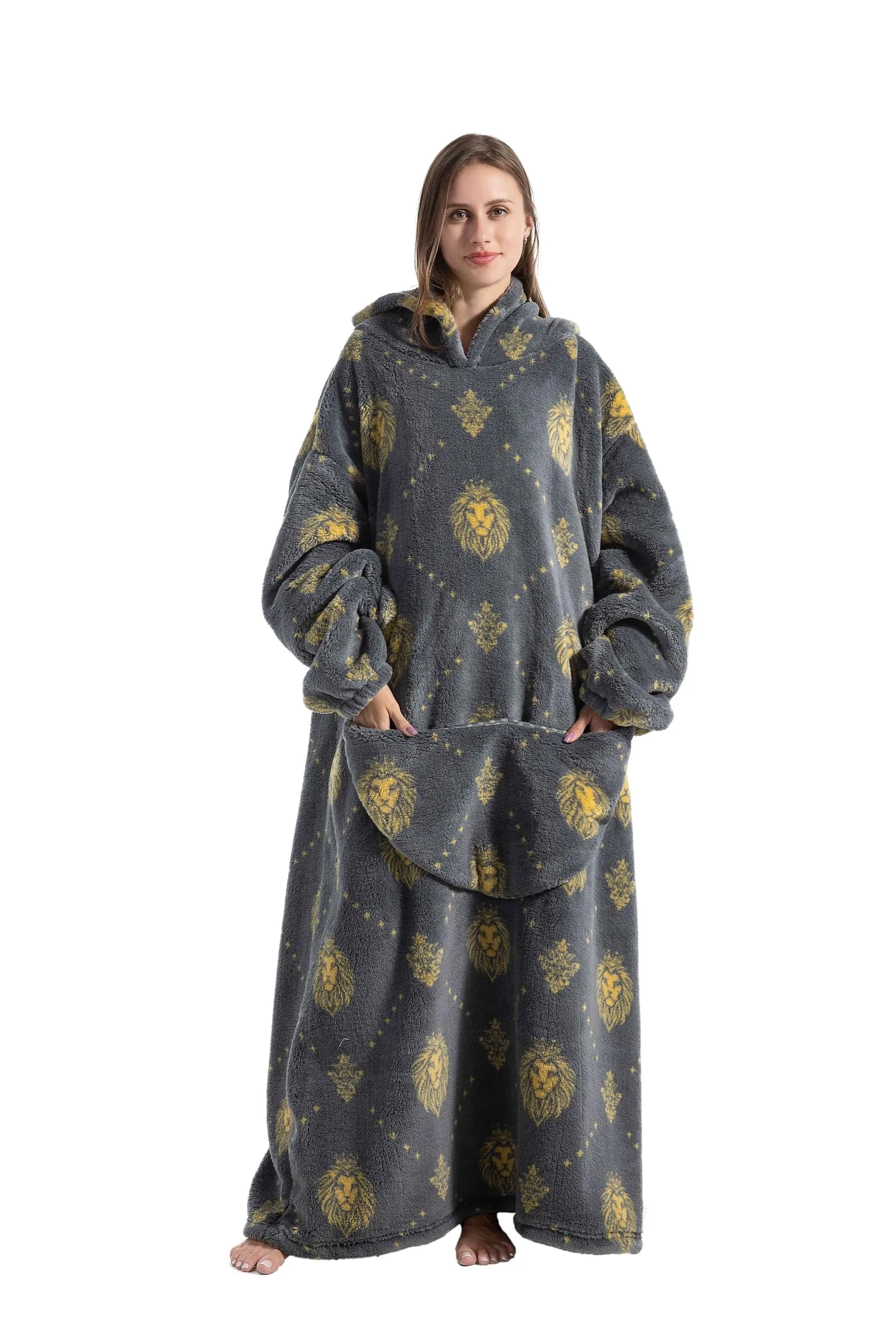 Yzehomijia Coperta portatile con cappuccio, per donne e adulti, coperta con maniche, morbida e calda da indossare come regalo per fidanzata, mamma o mamma koala (Grey Lion) - immagine 1