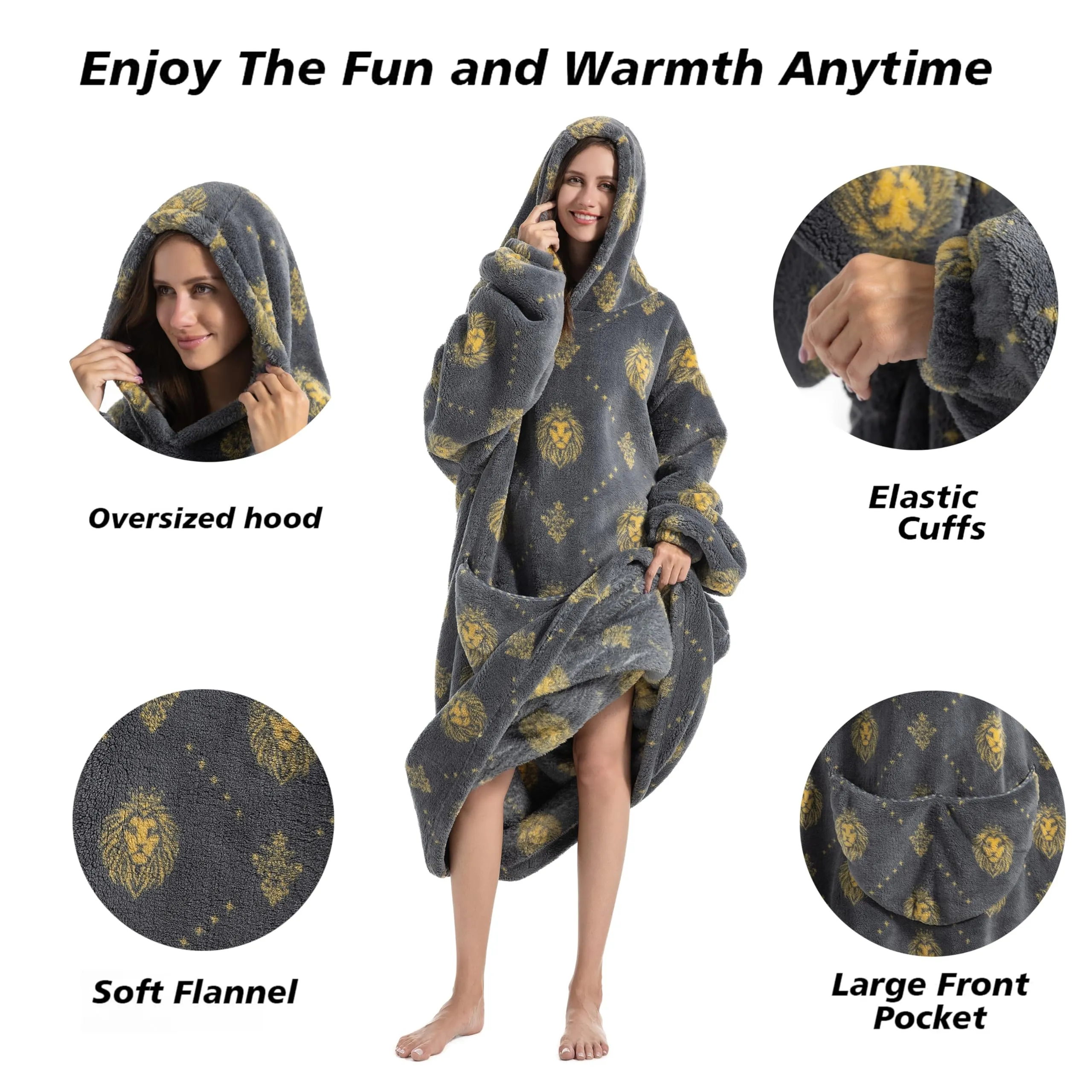 Yzehomijia Coperta portatile con cappuccio, per donne e adulti, coperta con maniche, morbida e calda da indossare come regalo per fidanzata, mamma o mamma koala (Grey Lion) - immagine 2
