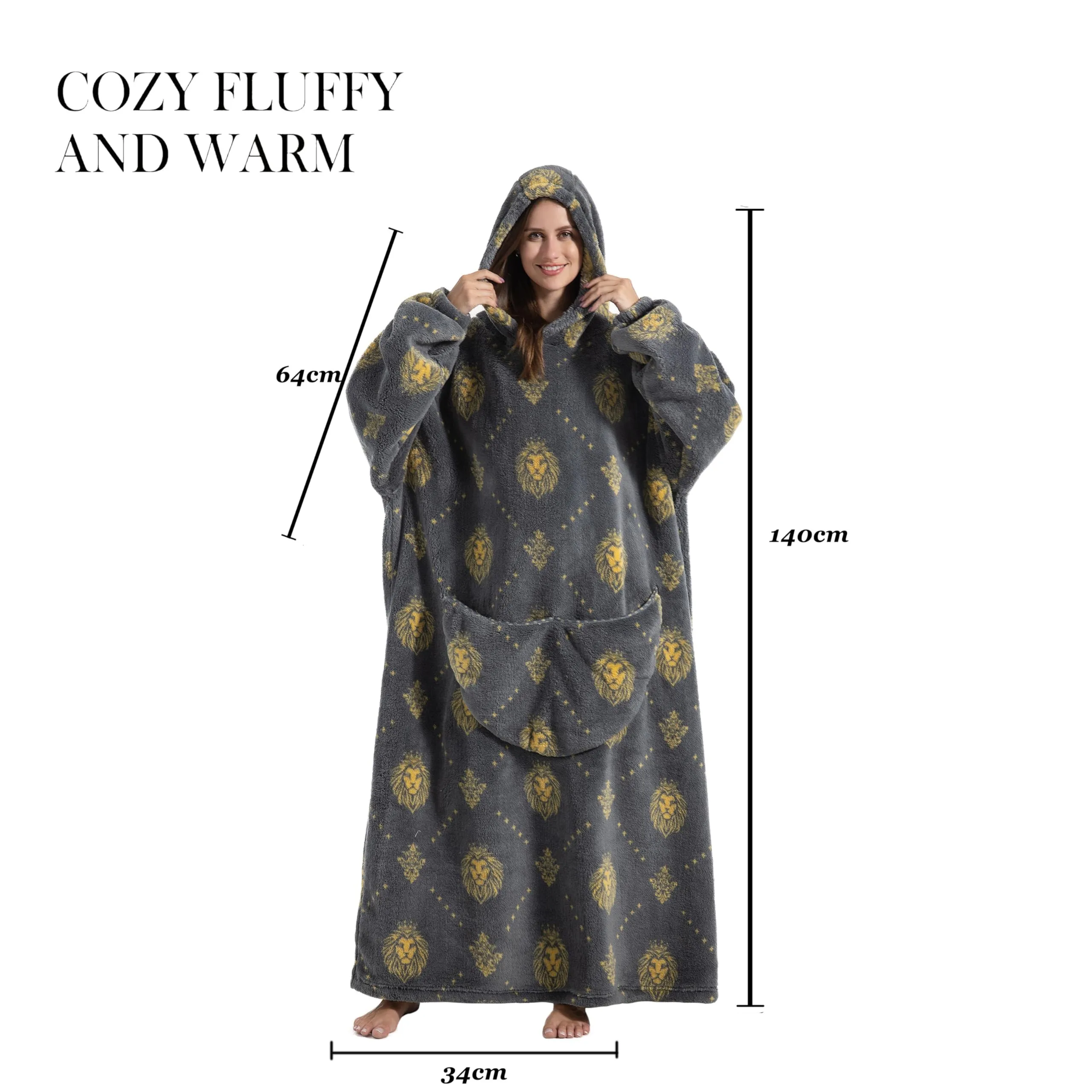 Yzehomijia Coperta portatile con cappuccio, per donne e adulti, coperta con maniche, morbida e calda da indossare come regalo per fidanzata, mamma o mamma koala (Grey Lion) - immagine 5