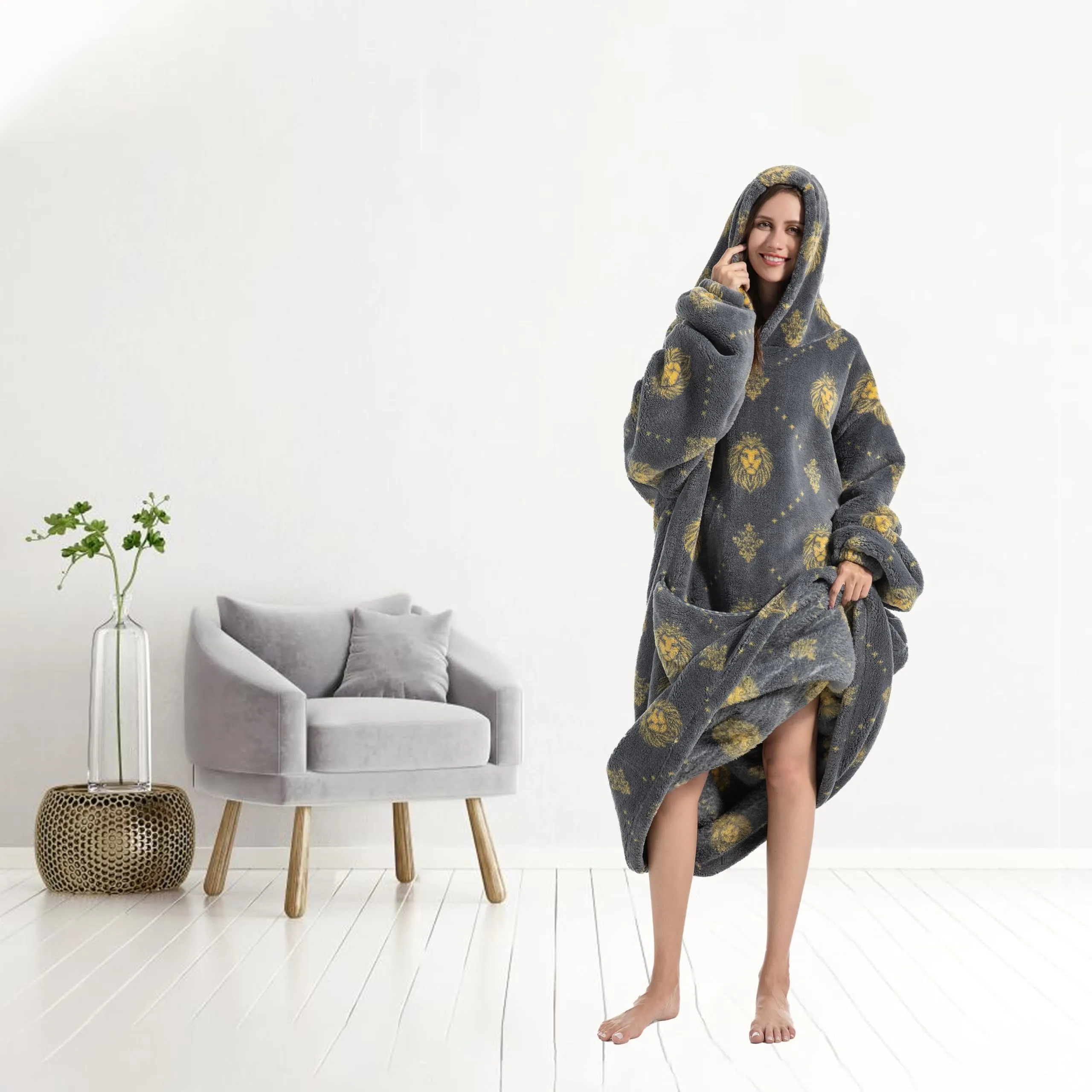 Yzehomijia Coperta portatile con cappuccio, per donne e adulti, coperta con maniche, morbida e calda da indossare come regalo per fidanzata, mamma o mamma koala (Grey Lion) - immagine 6