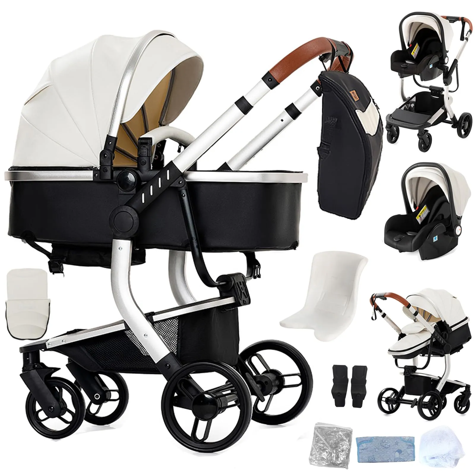 Reenborn Pelle PU Passeggino Trio, Passeggino 3 in 1 con Due Modi Reversibili Spingere, Trio Neonati con Design Pieghevole in Un Clic, Telaio Alluminio Paesaggistico Alto (B518 White) - immagine 1