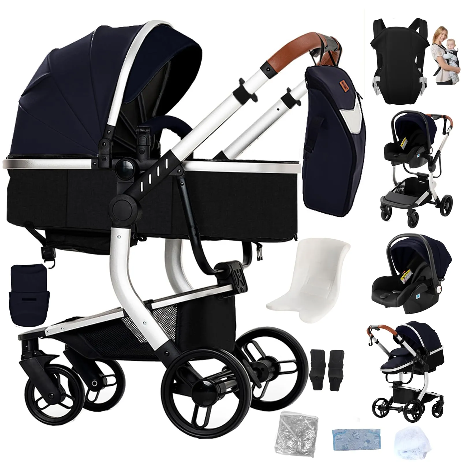 Reenborn Pelle PU Passeggino Trio, Passeggino 3 in 1 con Due Modi Reversibili Spingere, Trio Neonati con Design Pieghevole in Un Clic, Telaio Alluminio Paesaggistico Alto (L518 Silver Blue) - immagine 1