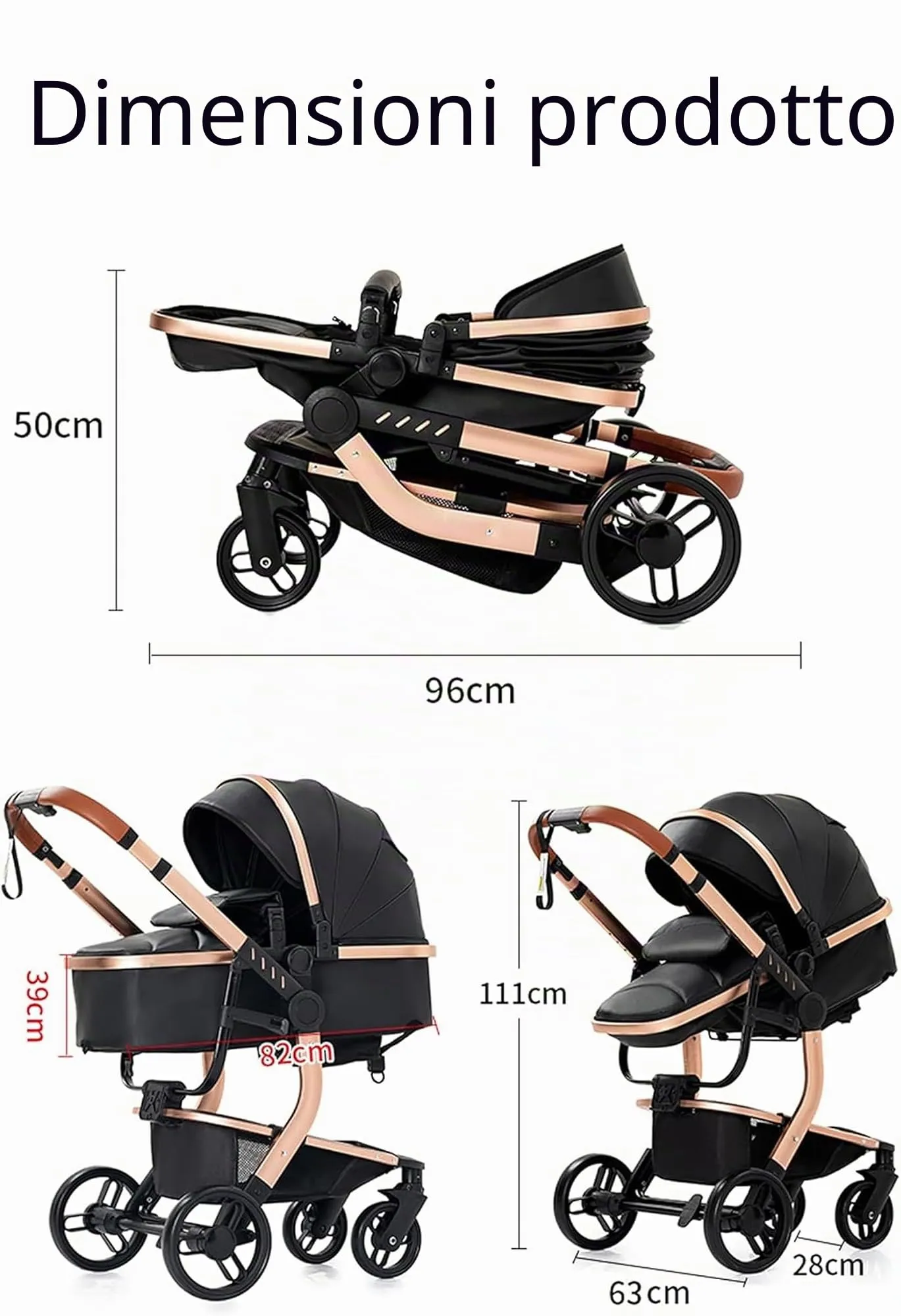 Reenborn Pelle PU Passeggino Trio, Passeggino 3 in 1 con Due Modi Reversibili Spingere, Trio Neonati con Design Pieghevole in Un Clic, Telaio Alluminio Paesaggistico Alto (L518 White) - immagine 6