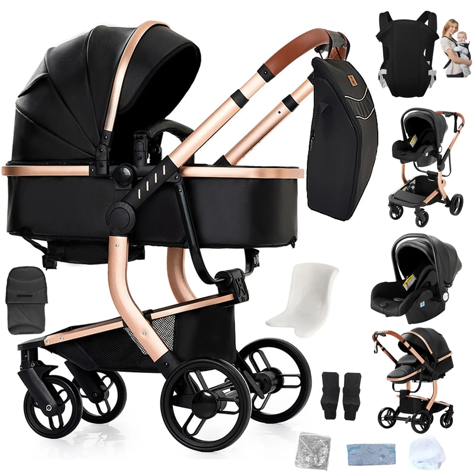 Reenborn Pelle PU Passeggino Trio, Passeggino 3 in 1 con Due Modi Reversibili Spingere, Trio Neonati con Design Pieghevole in Un Clic, Telaio Alluminio Paesaggistico Alto (L518 Black) - immagine 1