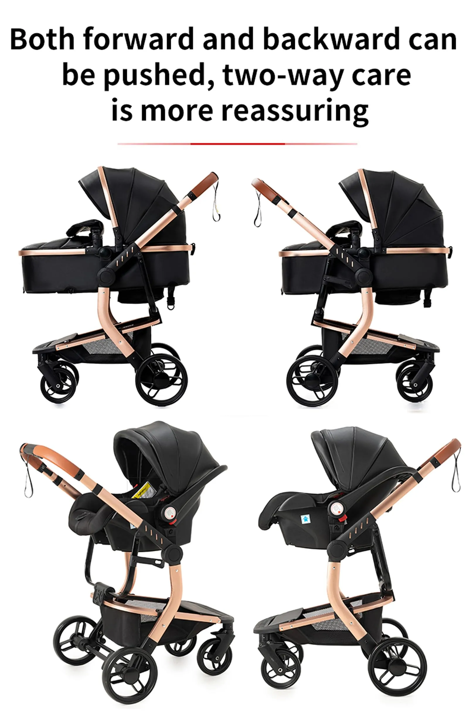 Reenborn Pelle PU Passeggino Trio, Passeggino 3 in 1 con Due Modi Reversibili Spingere, Trio Neonati con Design Pieghevole in Un Clic, Telaio Alluminio Paesaggistico Alto (B518 Black) - immagine 5