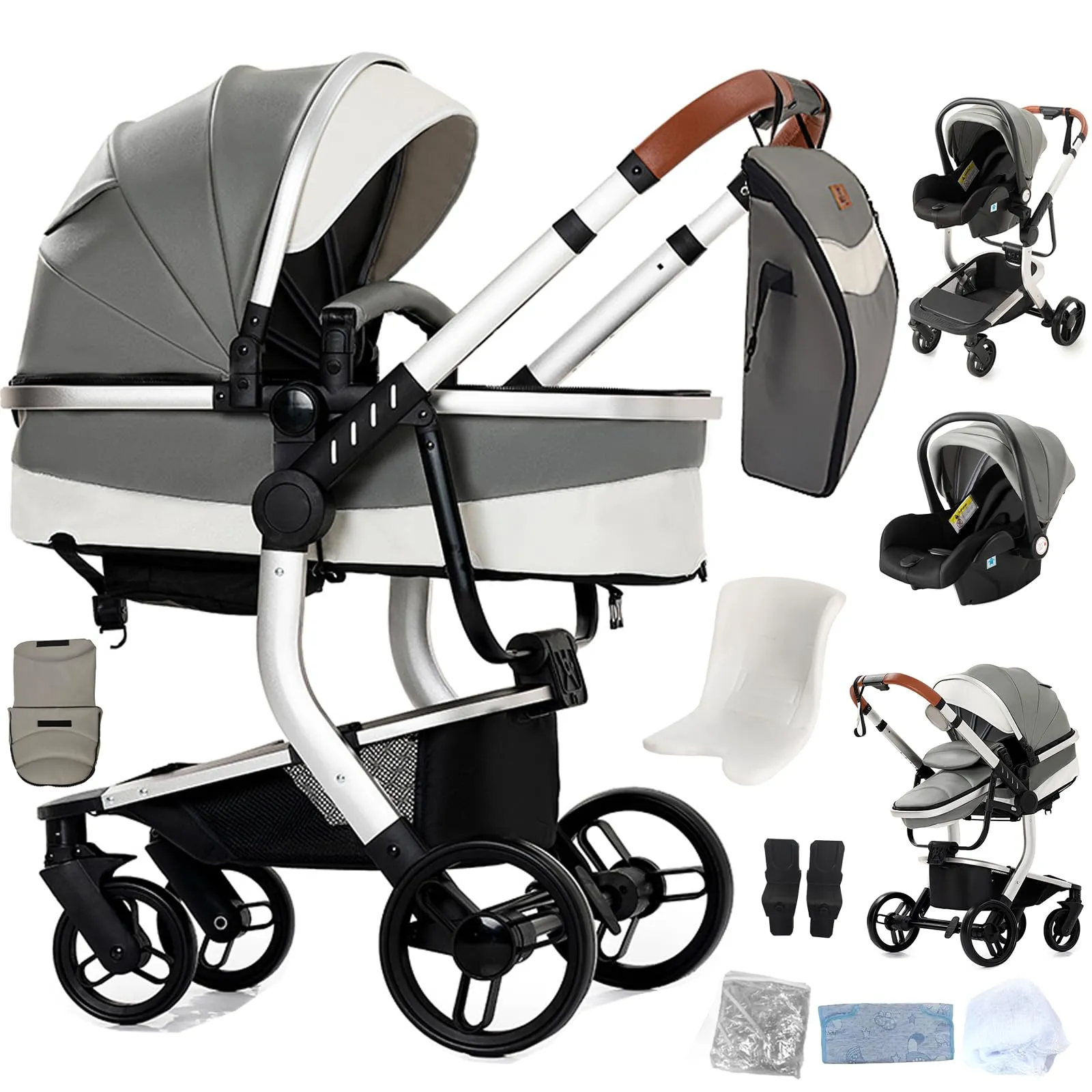 Reenborn Pelle PU Passeggino Trio, Passeggino 3 in 1 con Due Modi Reversibili Spingere, Trio Neonati con Design Pieghevole in Un Clic, Telaio Alluminio Paesaggistico Alto (B518 Grey) - immagine 1