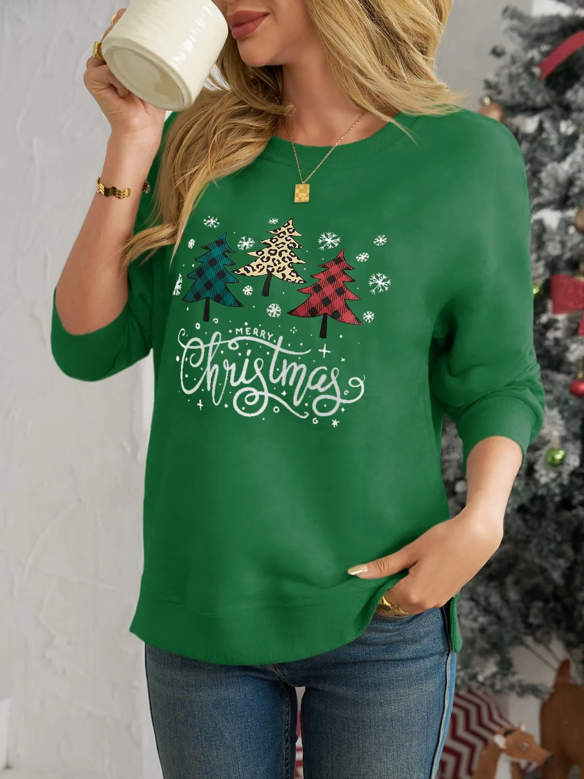 Cicy Bell Maglione Donna Natale Sweatshirt Girocollo Manica Lunga Casual Maglione Natalizio Top, verde, M - immagine 3