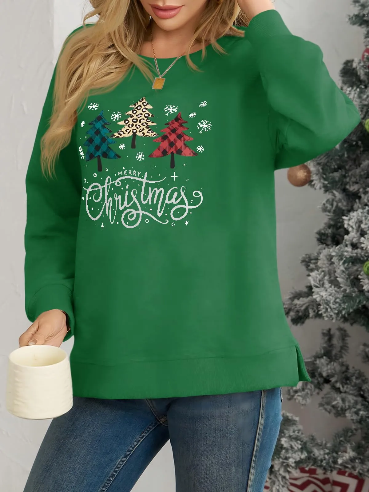 Cicy Bell Maglione Donna Natale Sweatshirt Girocollo Manica Lunga Casual Maglione Natalizio Top, verde, M - immagine 4