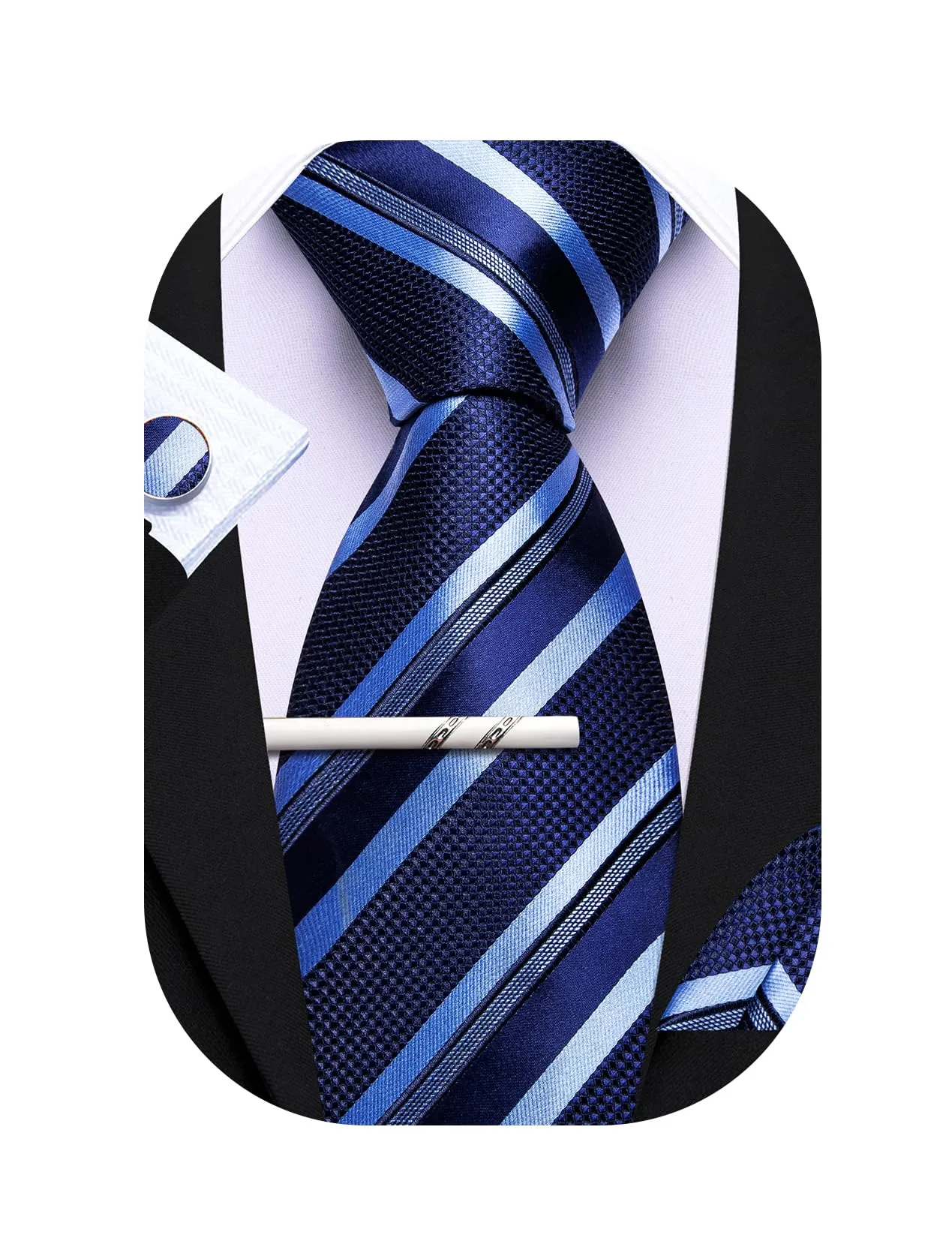 Barry.Wang Cravatta da uomo in seta a righe scozzesi da tasca quadrata gemelli fermacravatta 4 pezzi set classico cravatta da matrimonio, blu scuro azzurro, Taglia unica - immagine 1