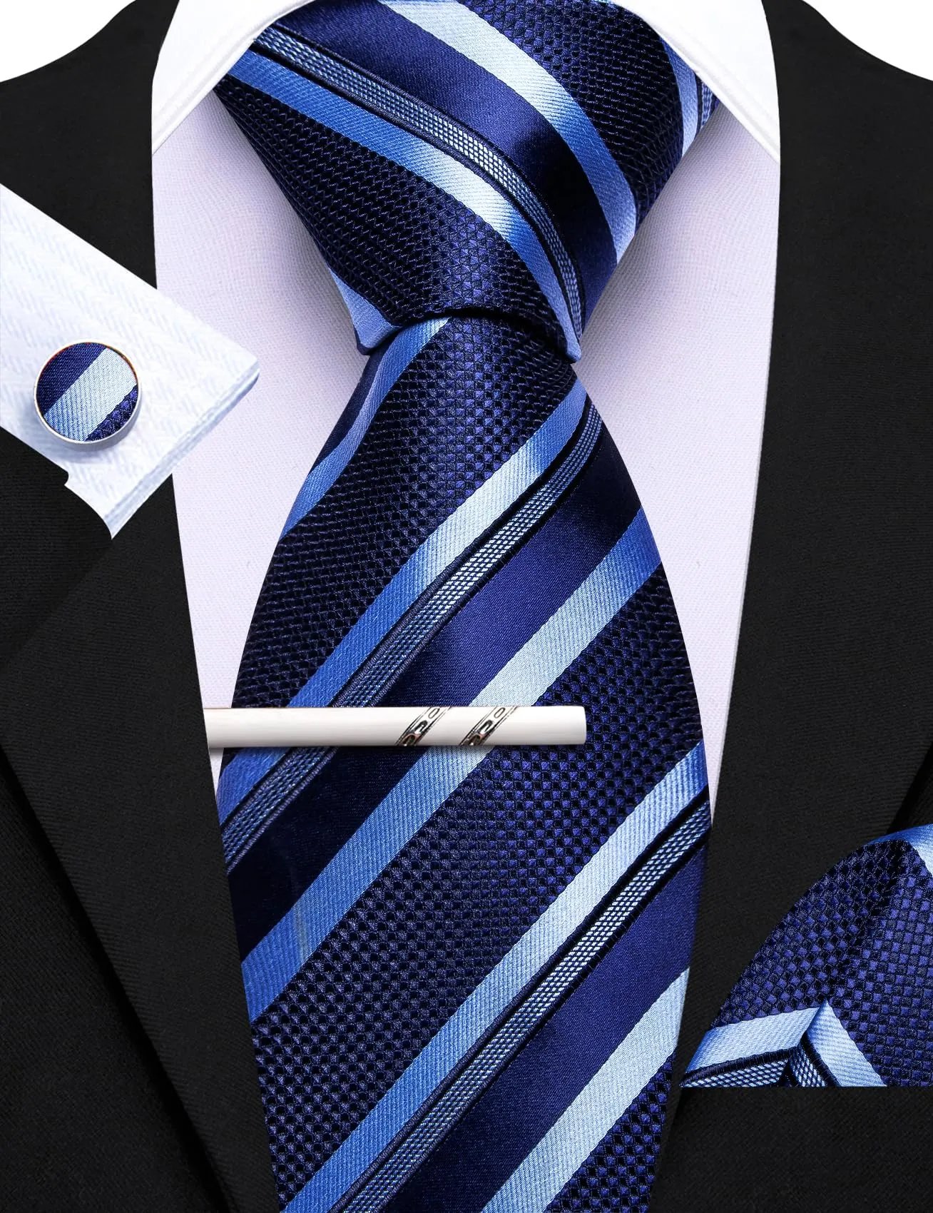 Barry.Wang Cravatta da uomo in seta a righe scozzesi da tasca quadrata gemelli fermacravatta 4 pezzi set classico cravatta da matrimonio, blu scuro azzurro, Taglia unica - immagine 6