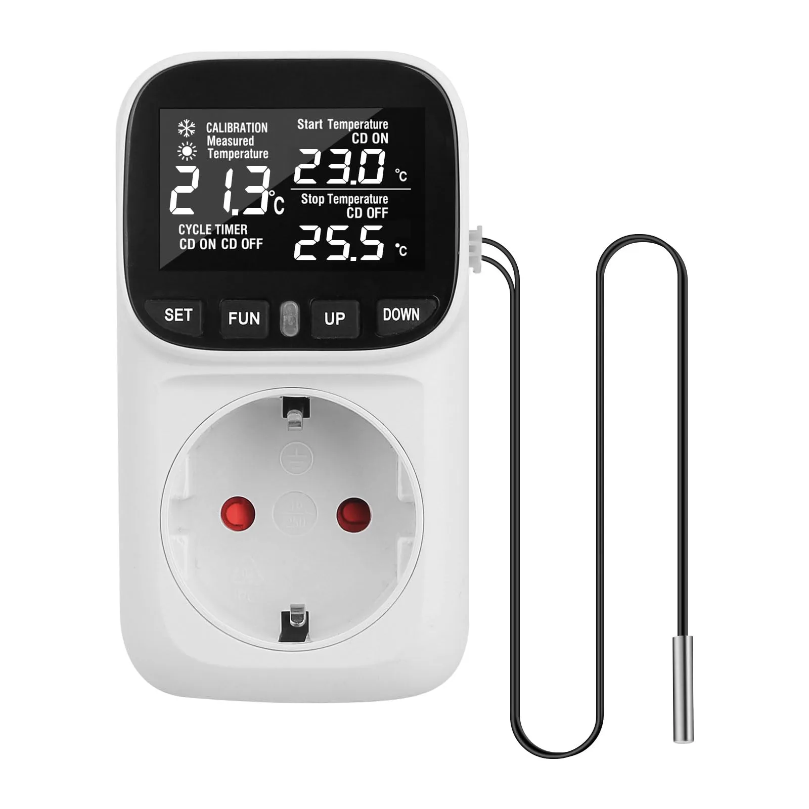 Regolatore di temperatura digitale - Presa 230 V - Con sonda - Termostato digitale - Presa - Controller di temperatura con modalità riscaldamento e raffreddamento - Per serra, frigorifero, terrario - immagine 1