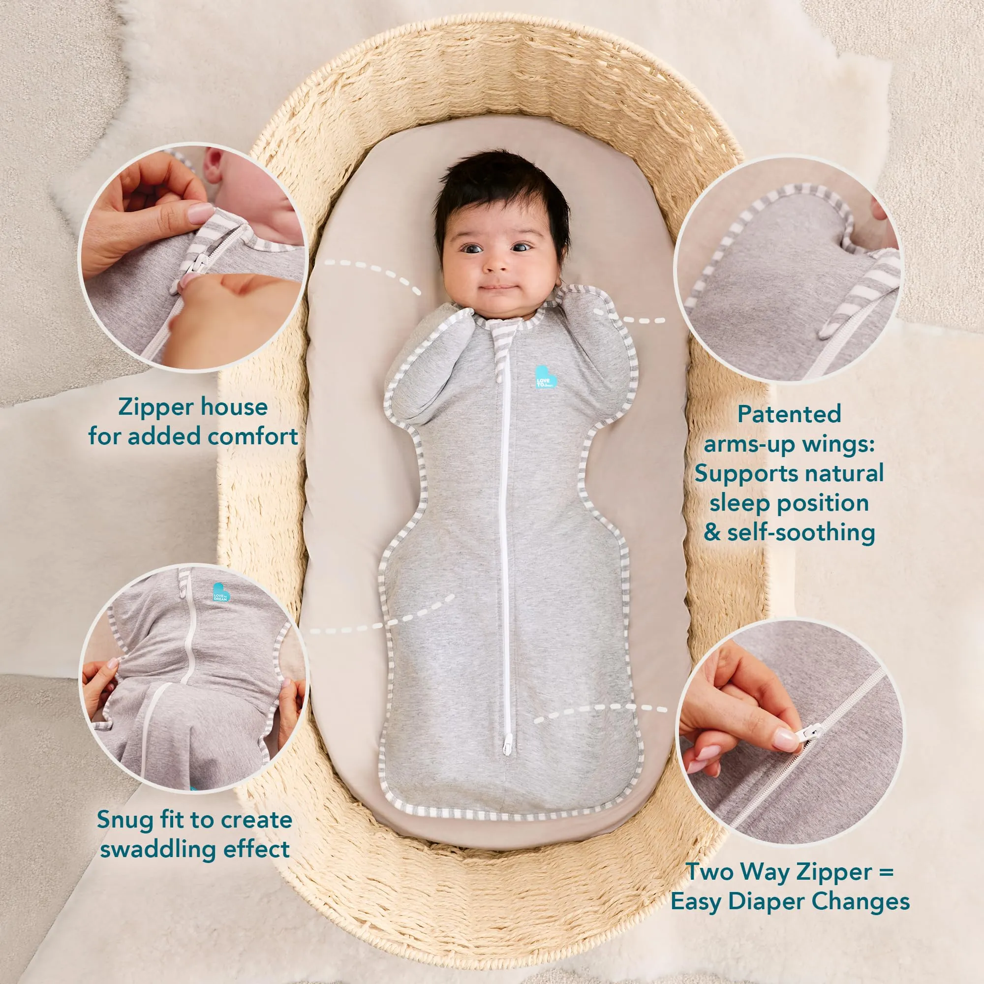 Love To Dream Swaddle UP, Neonato 2,2-3,8 kg - Rosa ciottolo | Vestibilità aderente, favorisce un sonno sano | 2,5 Tog per autunno e inverno (16–20°C) | Cotone e doppia cerniera - immagine 6