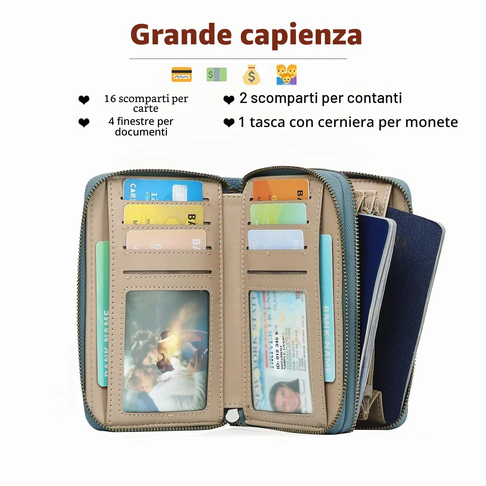 GOIACII Portafoglio Donna Medio Pelle Blocco RFID Porta Carta di Credito Doppia Cerniera Portamonete con Cinturino - immagine 2