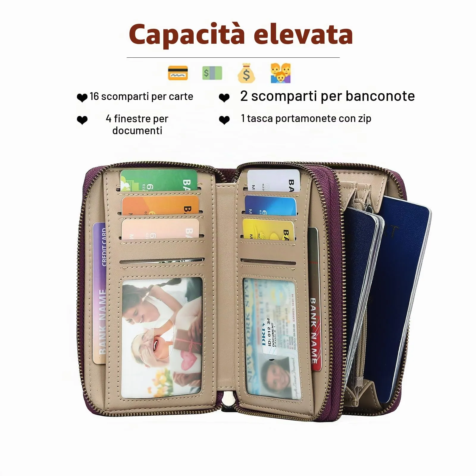 GOIACII Portafoglio Donna Medio Pelle Blocco RFID Porta Carta di Credito Doppia Cerniera Portamonete con Cinturino - immagine 2
