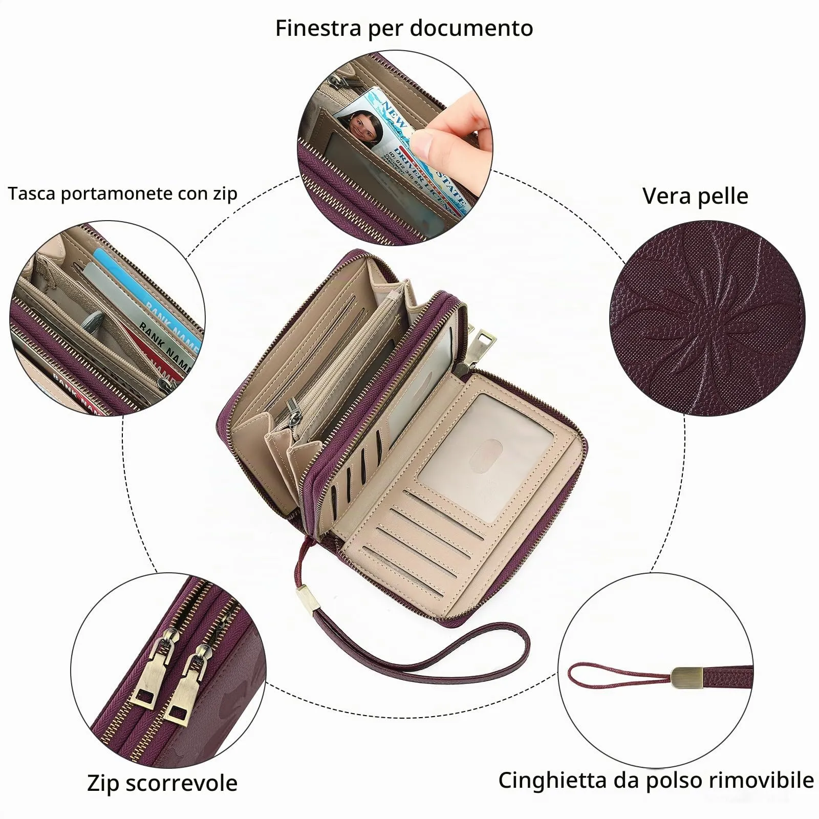 GOIACII Portafoglio Donna Medio Pelle Blocco RFID Porta Carta di Credito Doppia Cerniera Portamonete con Cinturino - immagine 5