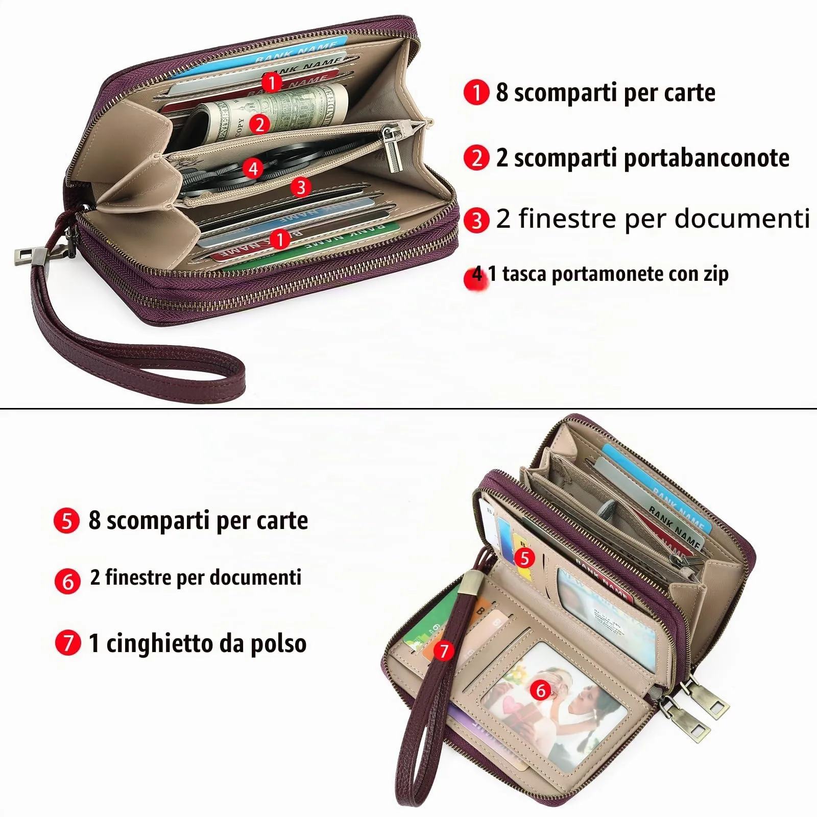 GOIACII Portafoglio Donna Medio Pelle Blocco RFID Porta Carta di Credito Doppia Cerniera Portamonete con Cinturino - immagine 6